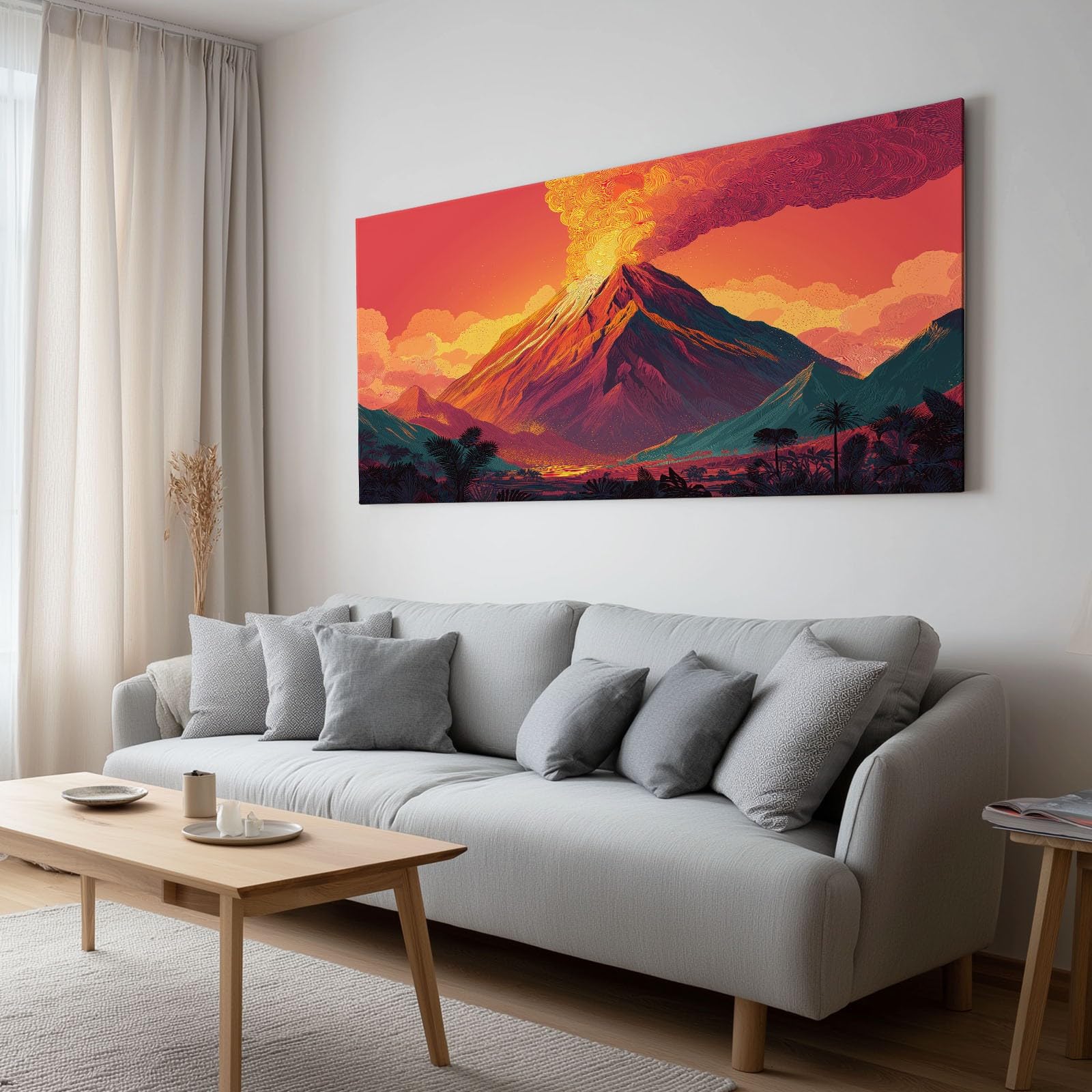 Generisch Berge Botanisch Vulkan Rauch Wellen Modernes Leinwandbild 100L x 75B cm mit Rahmen, Anime XXL Wanddeko für Wohnzimmer Geschenk Idee Einzug - Hochwertiger Kunstdruck auf Holzrahmen