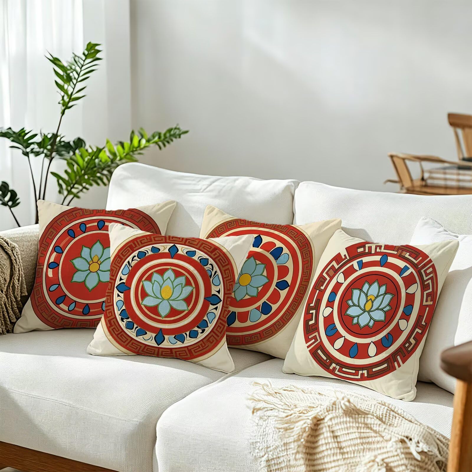 Rosso Federe Cuscini Divano 40x40cm, Cuscini da Esterno Set de 4, Cod-154 | Lin Copricuscini Decorativi Letto Arredo, per Letto, Soggiorno, Giardino, Esterno, Casa Decorazione Set di 4 Retro