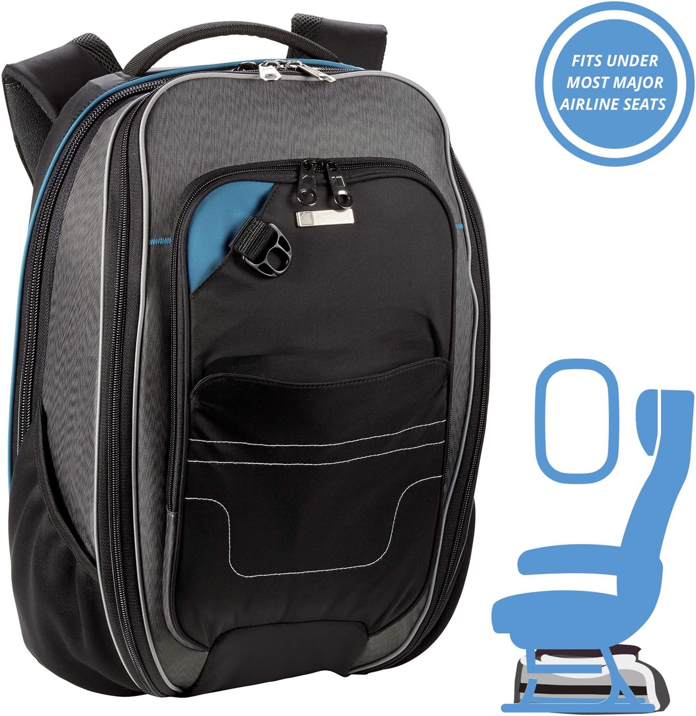 Underseat Carry-on Backpack + RFID Protection System Anti-Theft, Black, One Size