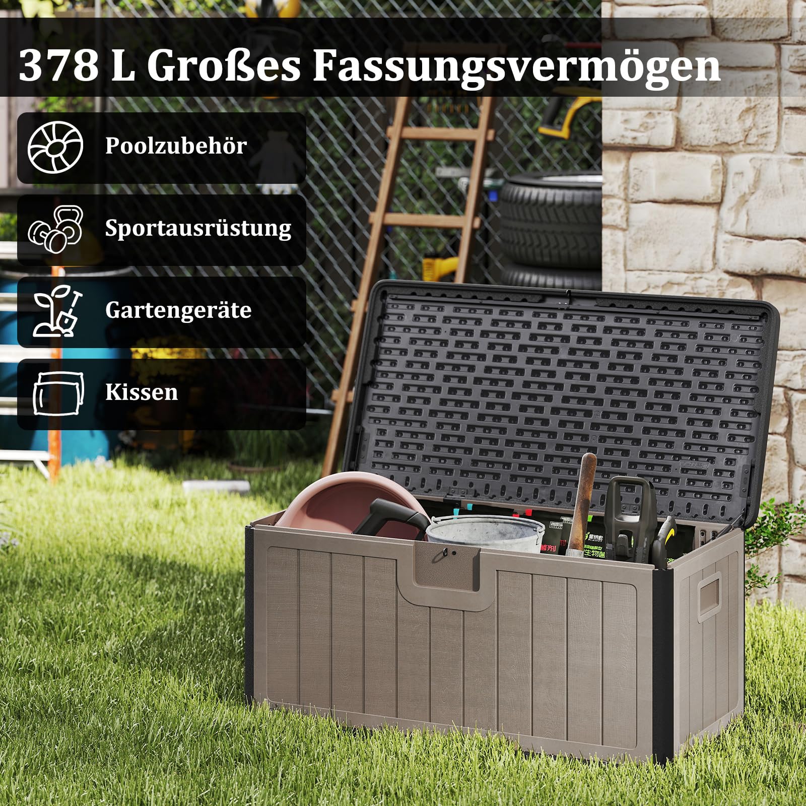 COSTWAY Gartenbox 378 L, Auflagenbox Wasserdicht für Garten mit Abschließbarem Deckel, Aufbewahrungsbox für Kissen & Gartengeräte, Kissenbox Outdoor für Terrasse, Balkon, Garten (Schwarz+Braun)