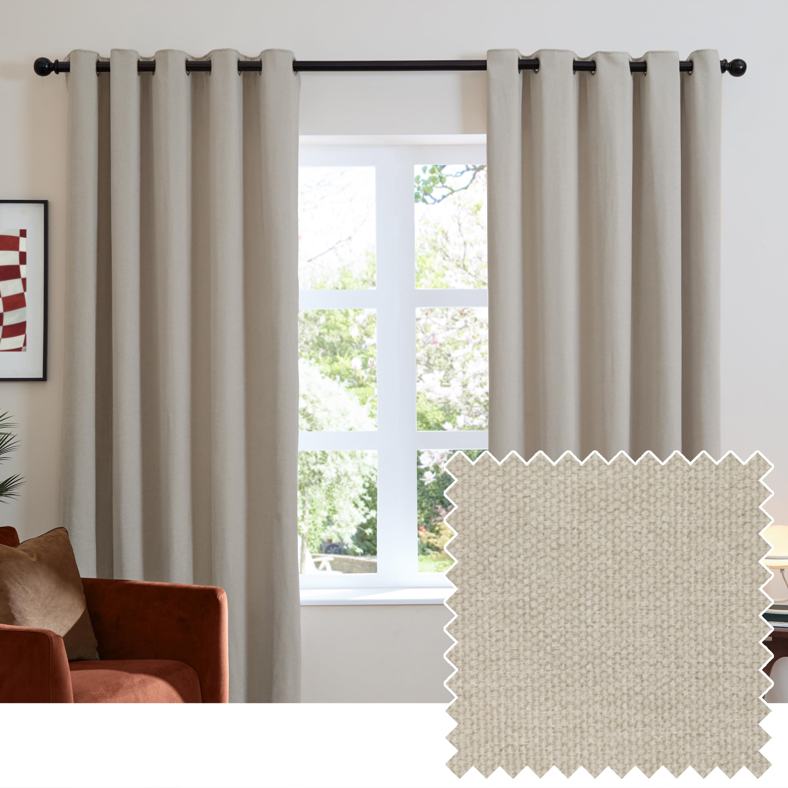 furn. Soft Chenille Blackout Eyelet Curtain Pair – Soft Touch Matt Textured Lined Minimalist Curtains (Natural - 229x137cm)