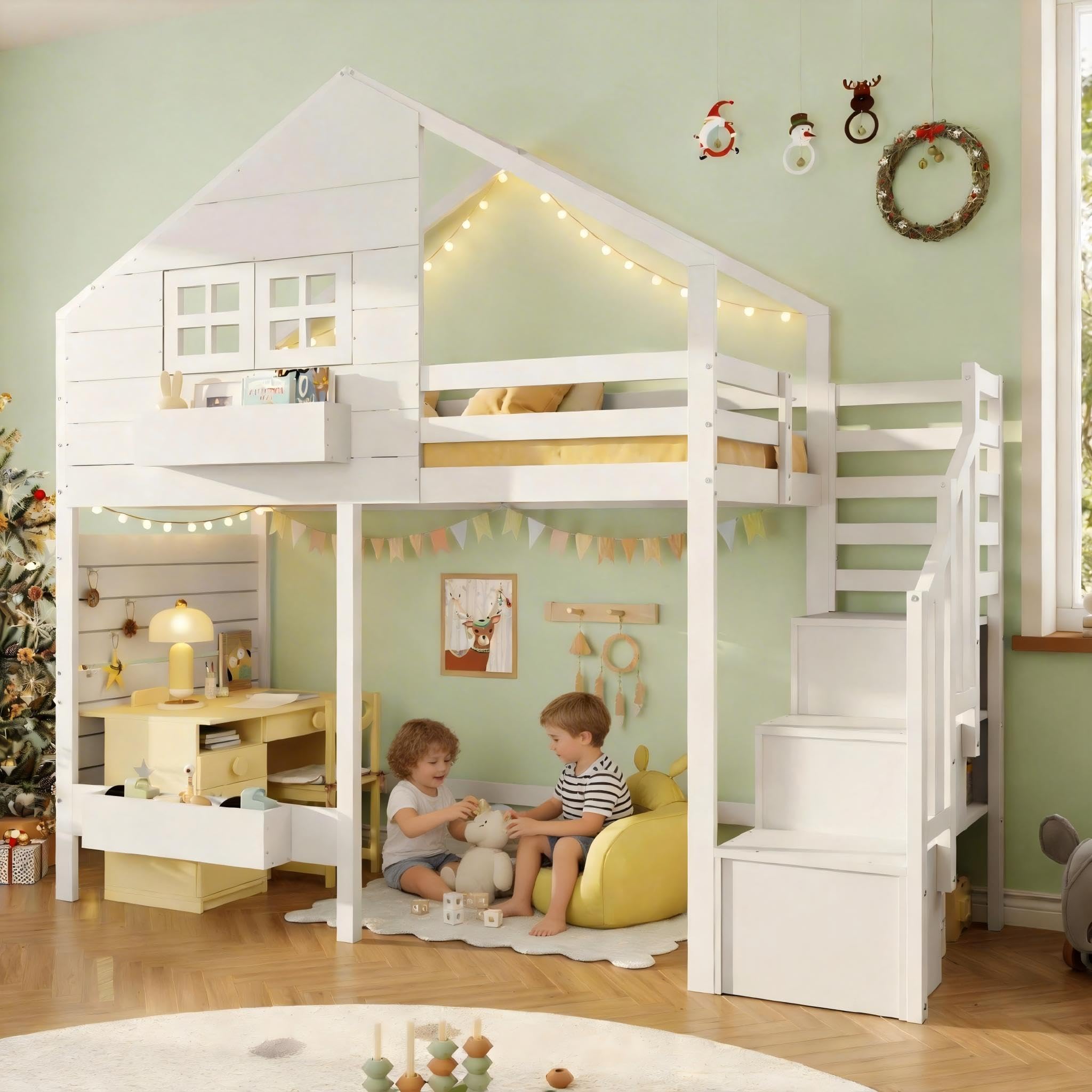 Su & Chan Legence Hochbett 90x200 cm mit Stauraumtreppe, Hausbett Design mit Fenster für Kinder, Etagenbett mit Lattenrost und Rausfallschutz, ohne Matratze, Massivholz, Weiß
