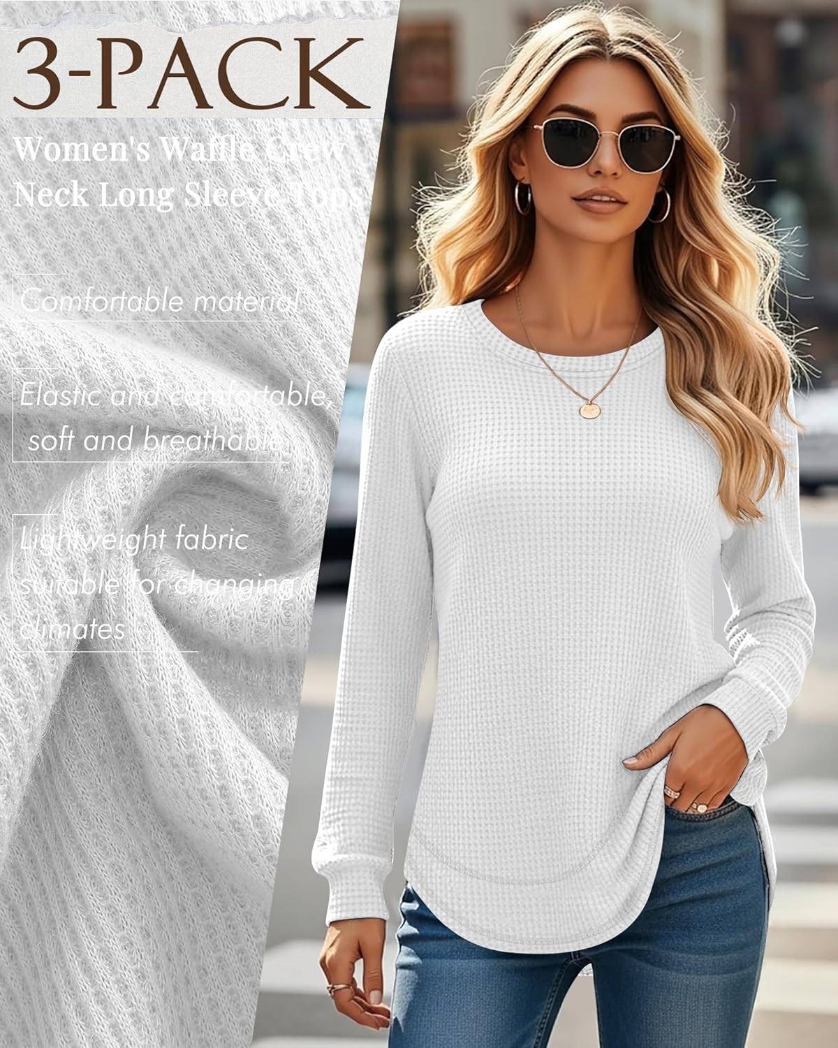 3 Pack Women's Waffle Knit Sweatshirts Crew Neck Long Sleeve Tops Casual Loose Fit Pullover Tees Curved Hem Shirts - Image 2