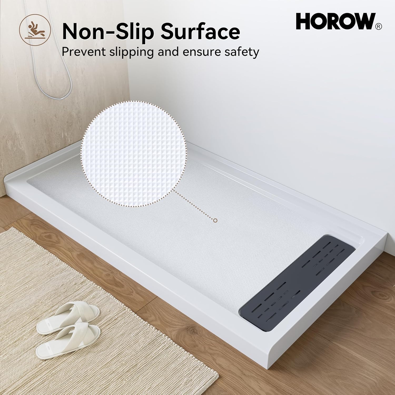 Close-up of the non-slip textured surface of the shower base