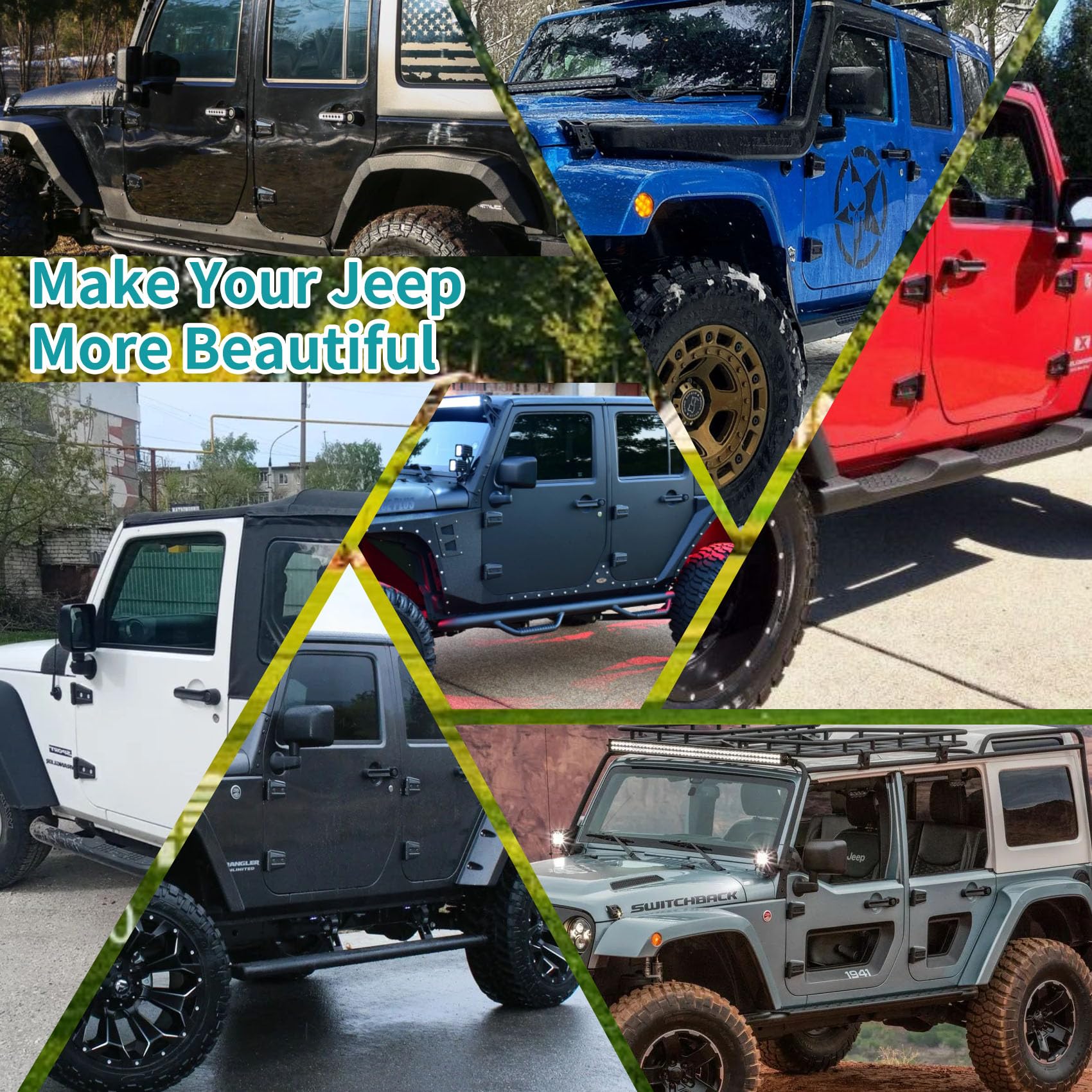 Jeep Wrangler JK Außen-4-Tür-Scharnier-Kits, kompatibel mit Jeep Wrangler JK JKU Rubicon Unlimited Saraha (außen 4-Türer), Jeep Wrangler JK JKU Außen-4-Tür-Scharnier, 8 Stück mit 16 Bolzen
