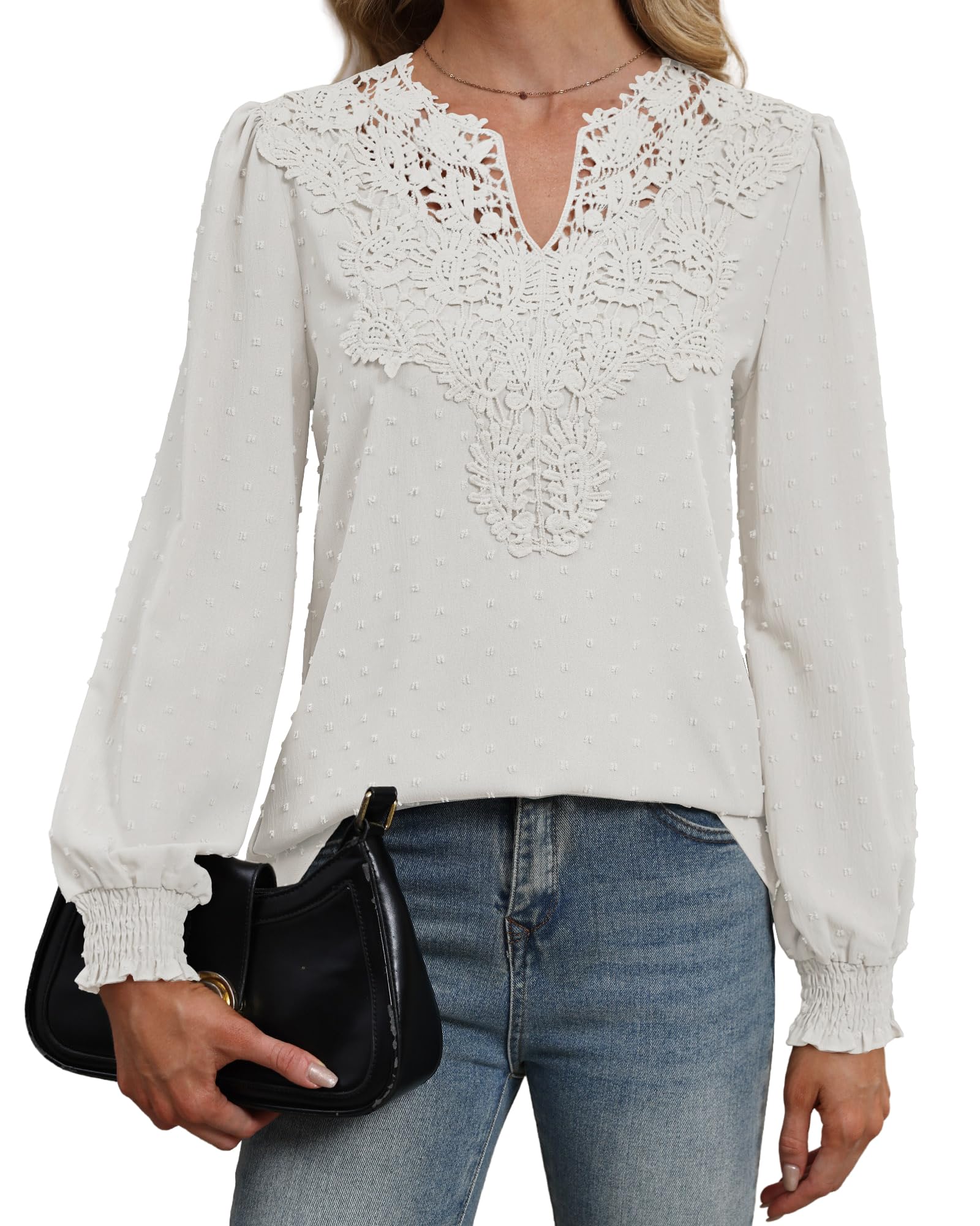 Hount Damen Bluse Elegant V Ausschnitt Spitzen Oberteile Langarmshirt | Boho Oberteil Spitzenbluse,Süß Elegant Blusenshirt,Casual Longshirt,Chiffon,Lochstickerei,Frühling Herbst Outfits;S-XXL