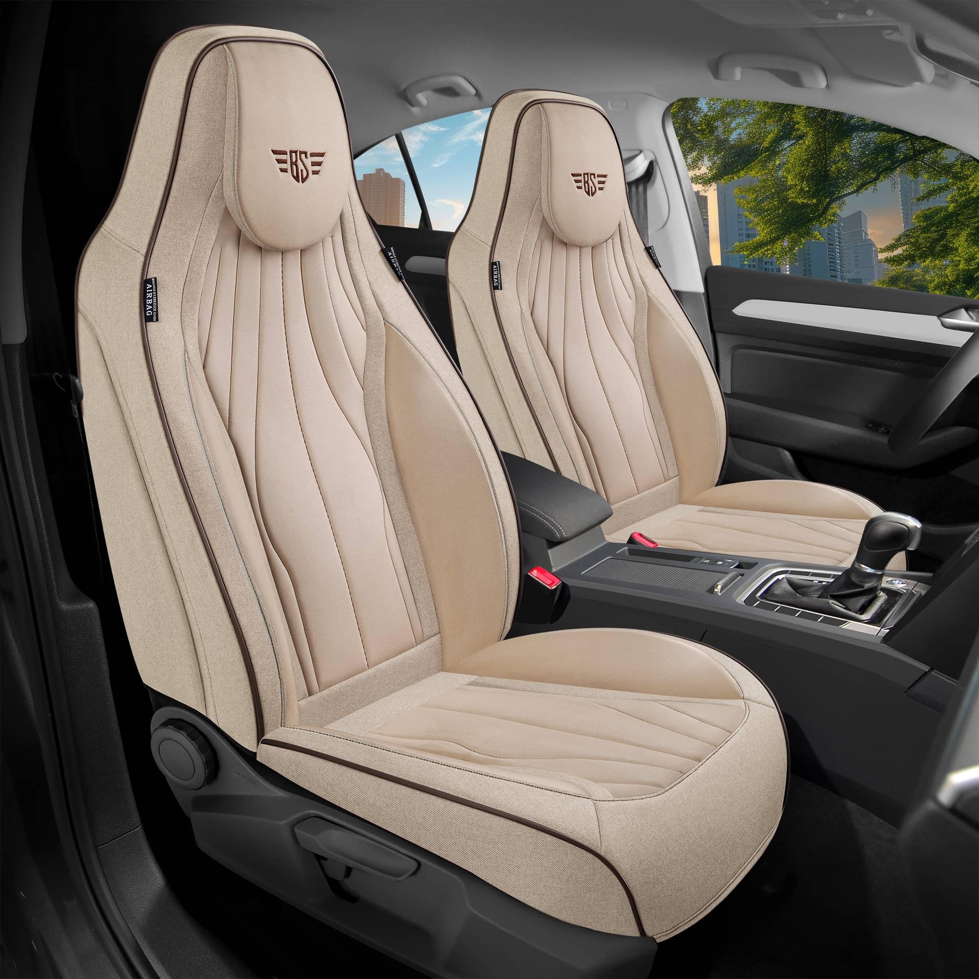 Autositzbezüge Universal für PKW, SUV – Premium Vordersitzbezüge Beige, hochwertig verarbeitet für mehr Sitzkomfort, Airbag-kompatibel, Schonbezüge für Fahrer & Beifahrersitz mit Rückentasche