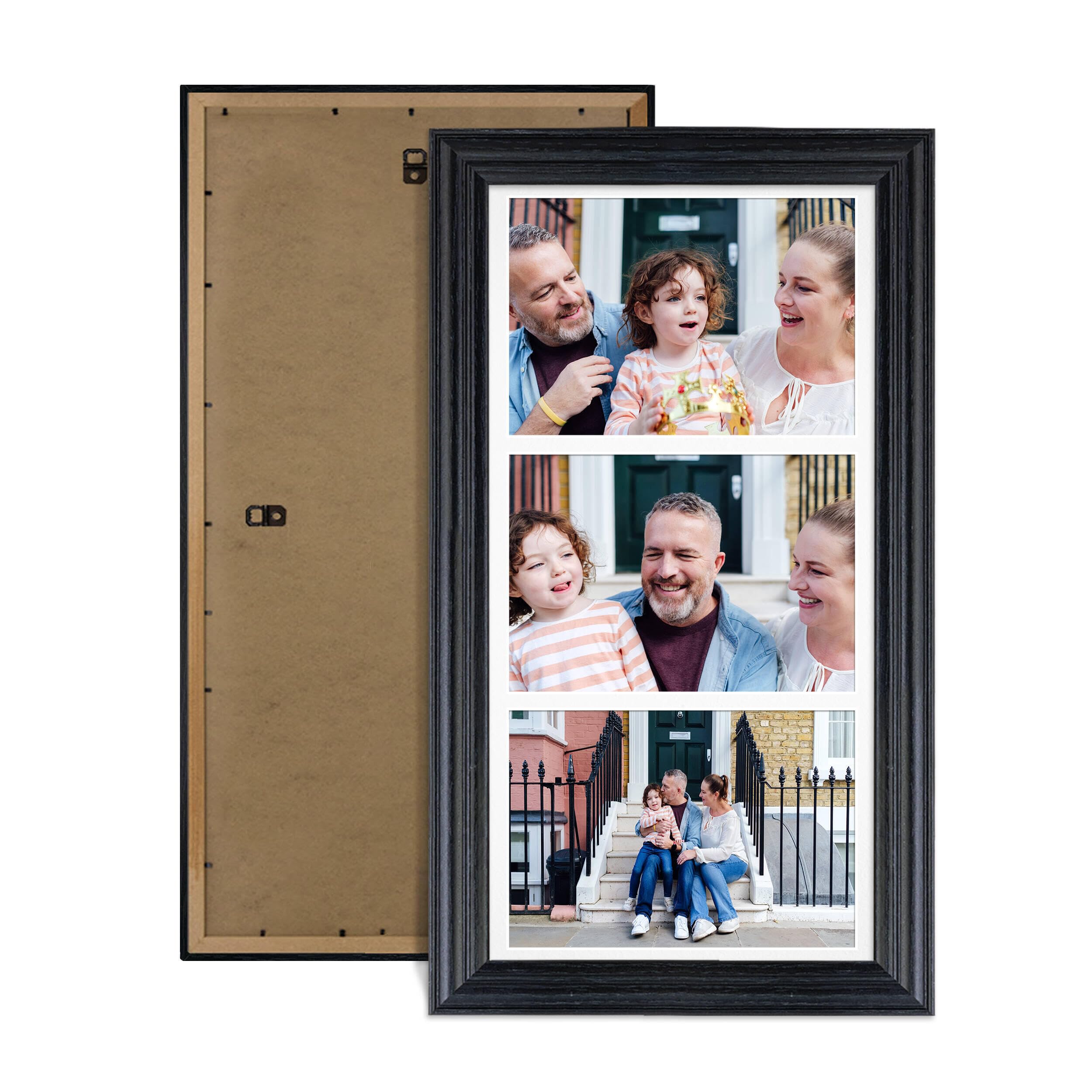 Alison Kingsgate Black 16x8 Photo frames for multiple pictures- 3 Apertures Collage Frame with White Mount - Holds (3x) 7x5 Photos - Engineered Wood & Perspex — image 1