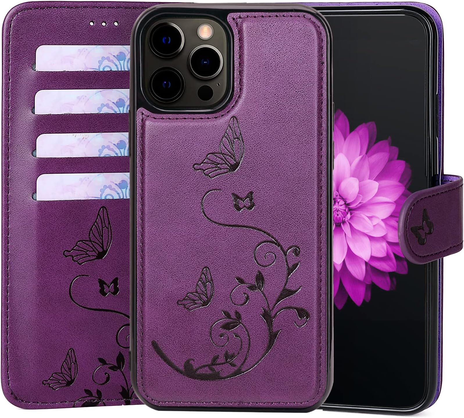 WaterFox iPhone 14 Pro Max Wallet Case with 4 Card Holder for Women, Flip Folio PU Leather Wrist Strap Removable Magnetic Detachable Cover Kickstand with Floral Flower Design for Girls - Purple