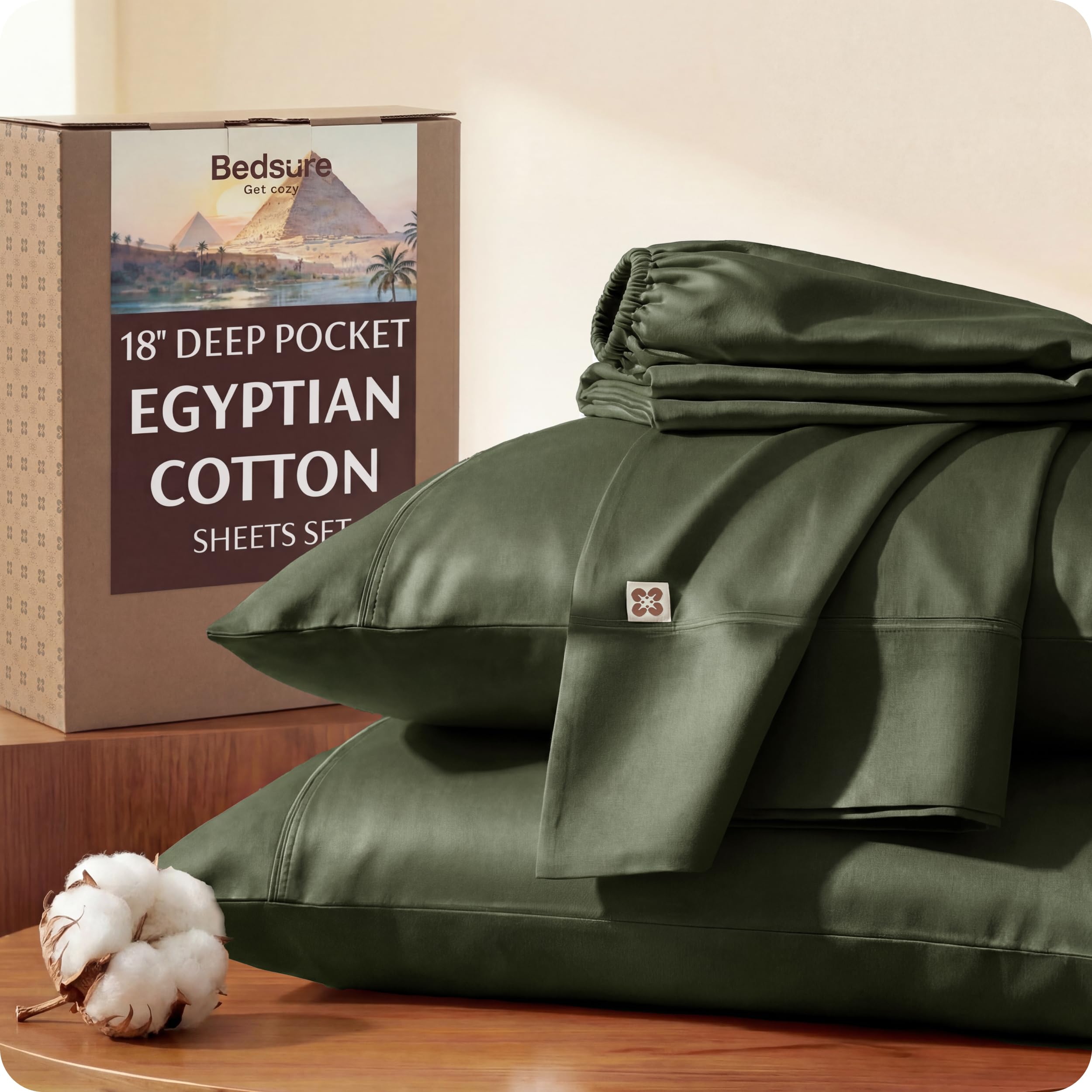 Photo 1 of Bedsure 100% Giza CEA Certified Egyptian Cotton Sheets - 18" Deep Pocket Queen Size with 4 Corner Straps, PureWoven All-Season Breathable Comfort, Softens After Wash, Thick & Sturdy(Olive Green)