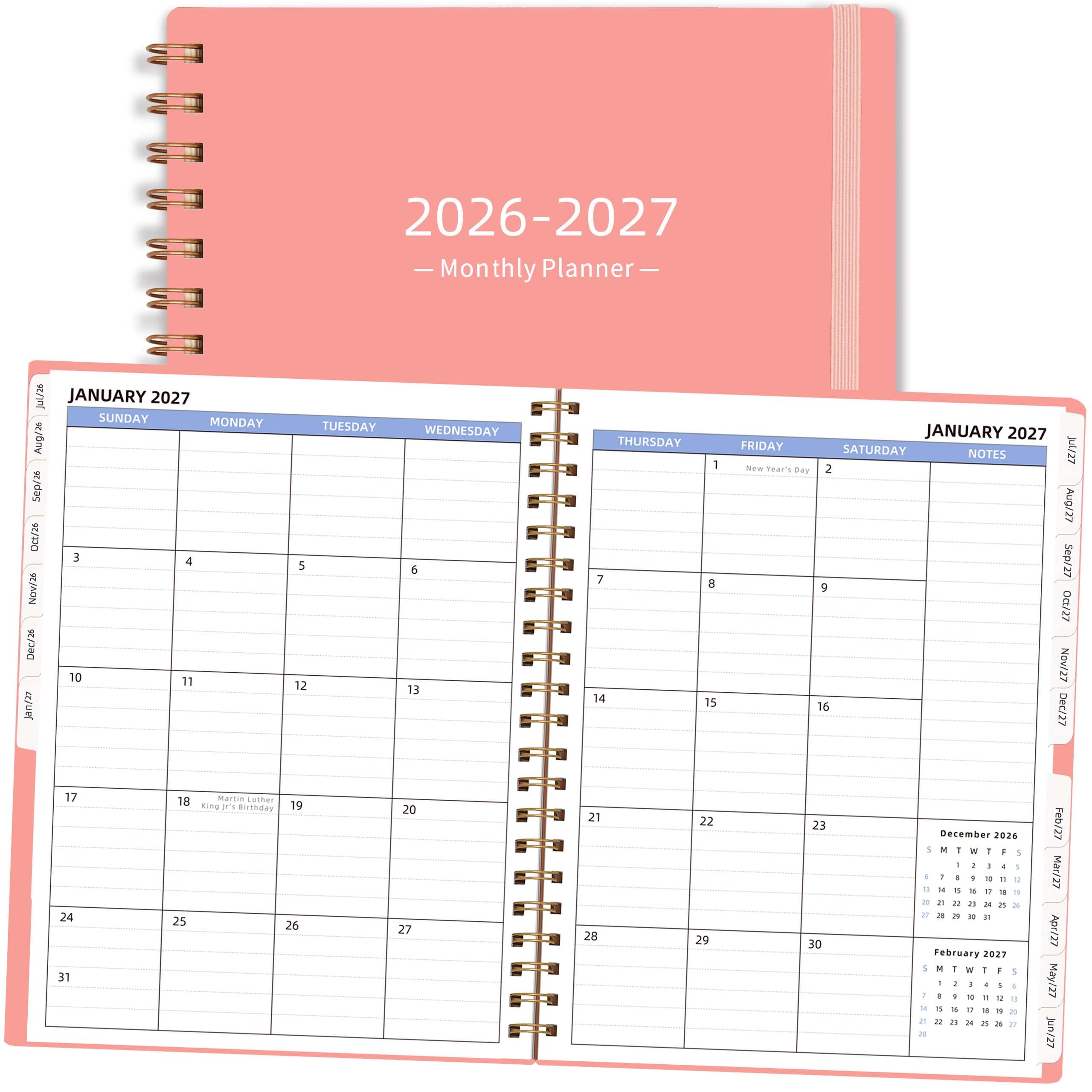 Monatsplaner 2026–2027, Juli 2026-Dez.2027, Agenda-Buch mit Registerkarten und Tasche, Rosa