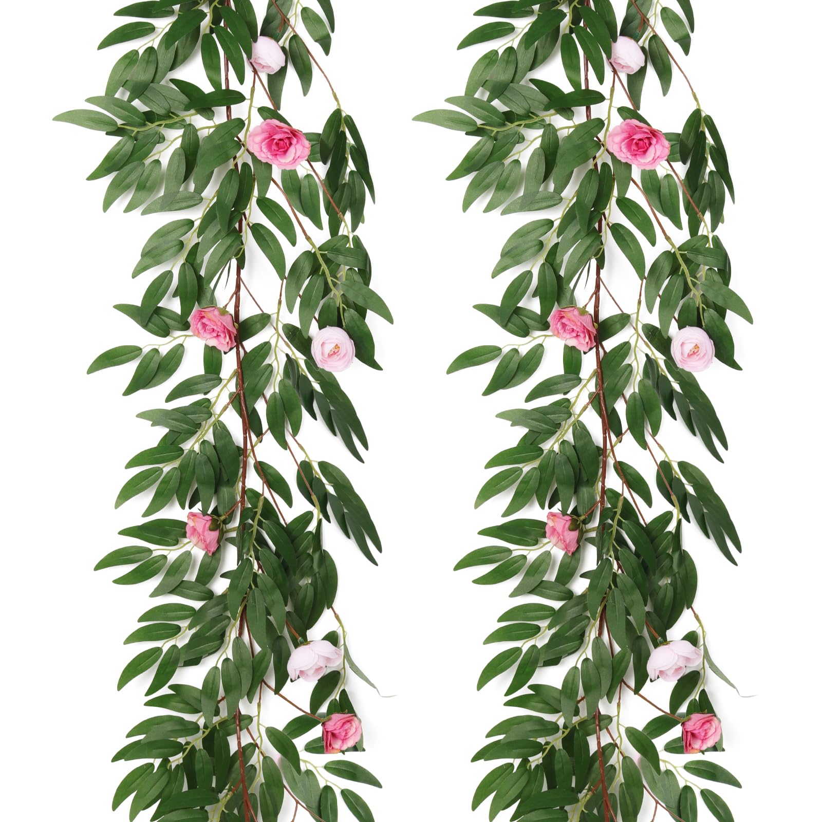 RECUTMS Artificial Hanging Silk Willow Leaves Vine Twig Whit Rose 2Pc 5.7Ft