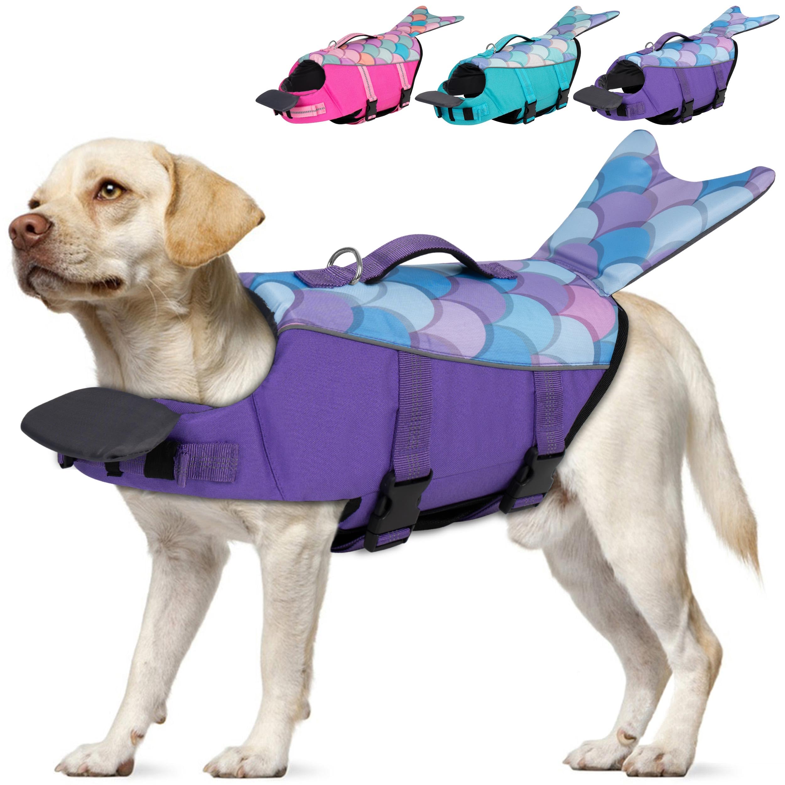 cyeollo Dog Life Jacket Reflective Mermaid Dog Life Vest for Swimming Boating, High Buoyancy Pet Life Preserver Lightweight Small Medium Large Dog