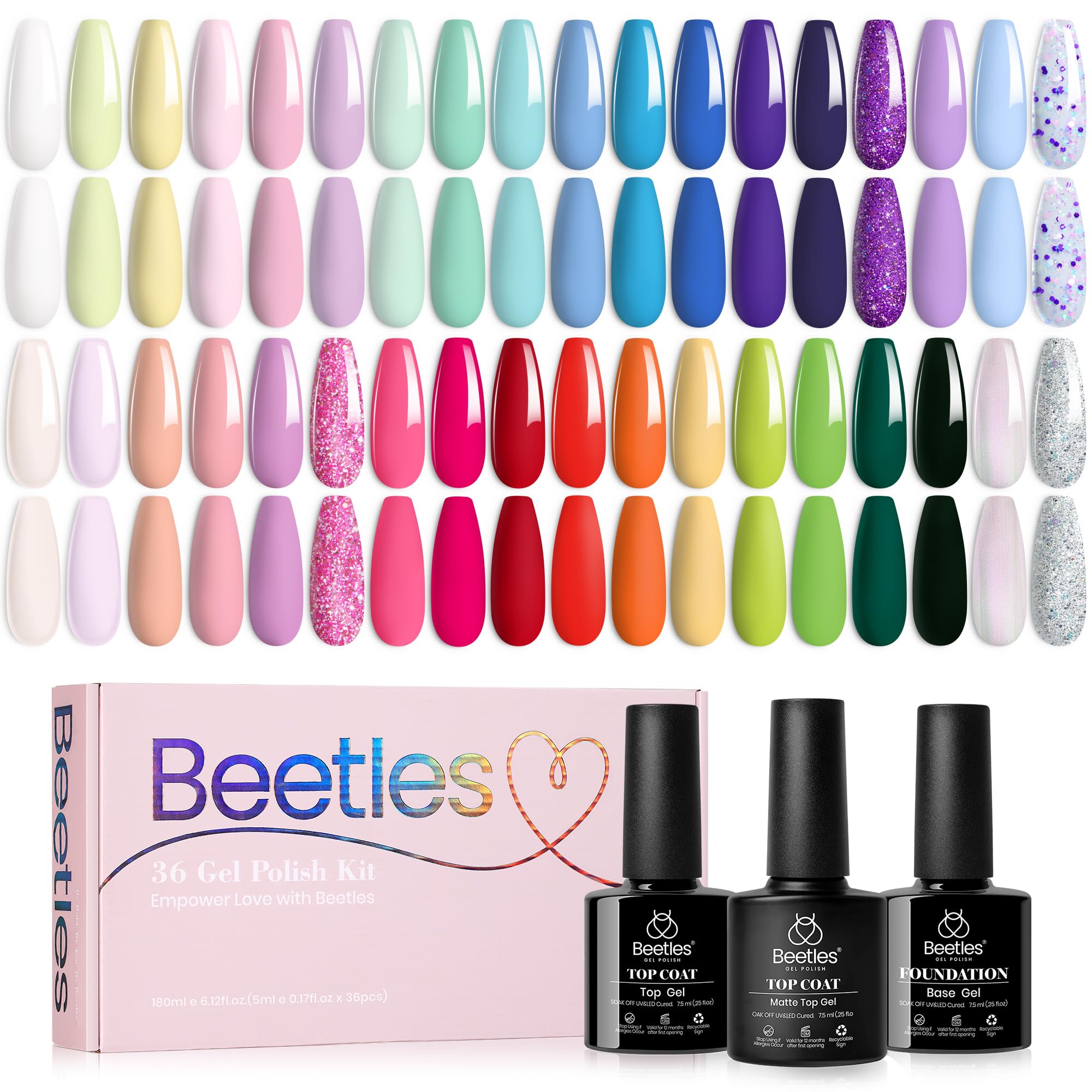 beetles Gel Polish Nail Set, 36 Colors Floral Rhapsody Collection Orange Yellow Girly Sparkle Glitter Polish with 3Pcs Base Matte & Glossy Top Soak off Uv Lamp All Seasons Gifts for Her