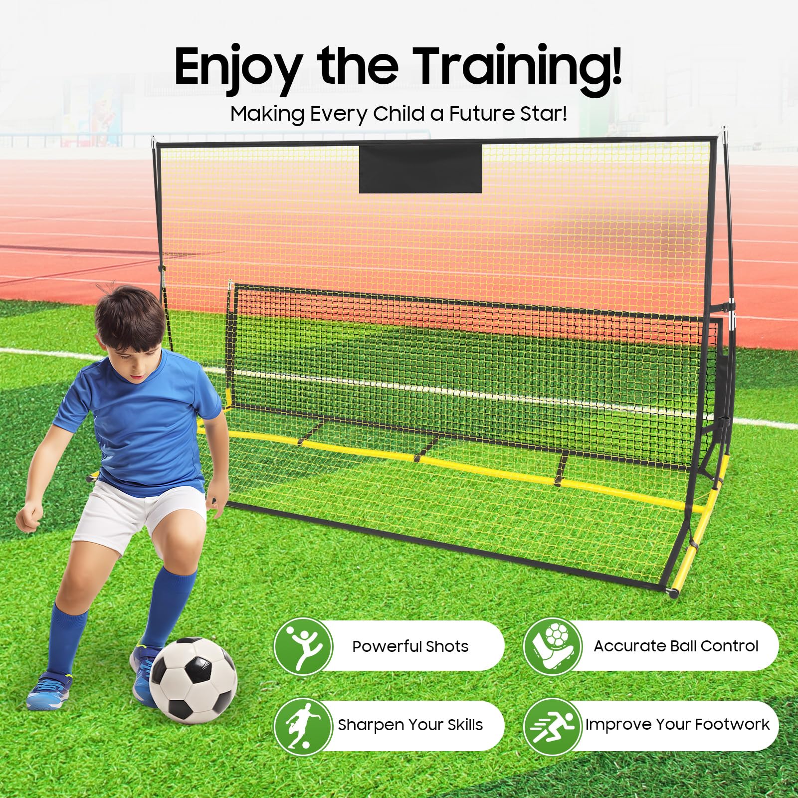 Rete di rimbalzo da calcio 2 in 1 con doppia rete (alta e bassa), stabile rete da allenamento, 210 x 120 x 85 cm, con borsa per il trasporto e picchetti a U, ideale per giochi di passaporto, calcio