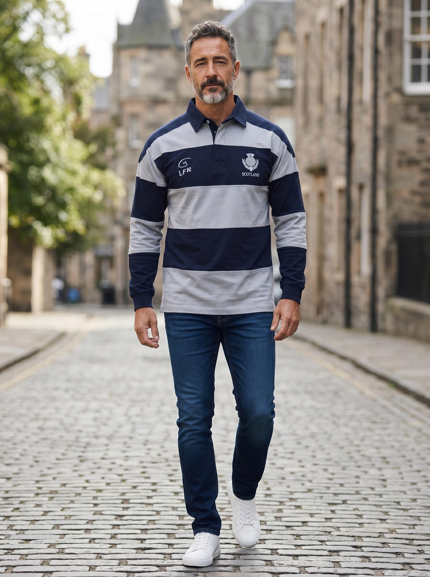 Scotland Crest Long Sleeved Striped Rugby Polo Shirt