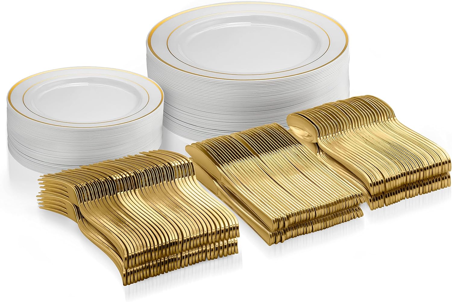 125 Piece Gold Dinnerware Party Set – 50 Gold Rim Plastic Plates, 25 Dinner 25 Dessert Plates, 25 Knives, 25 Forks, 25 Spoons – 25 Guest Disposable Set for Wedding Birthday Parties 125 Piece Gold Dinnerware Party Set – 50 Gold Rim Plastic Plates, 25 Dinner 25 Dessert Plates, 25 Knives, 25 Forks, 25 Spoons – 25 Guest Disposable Set for Wedding Birthday Parties