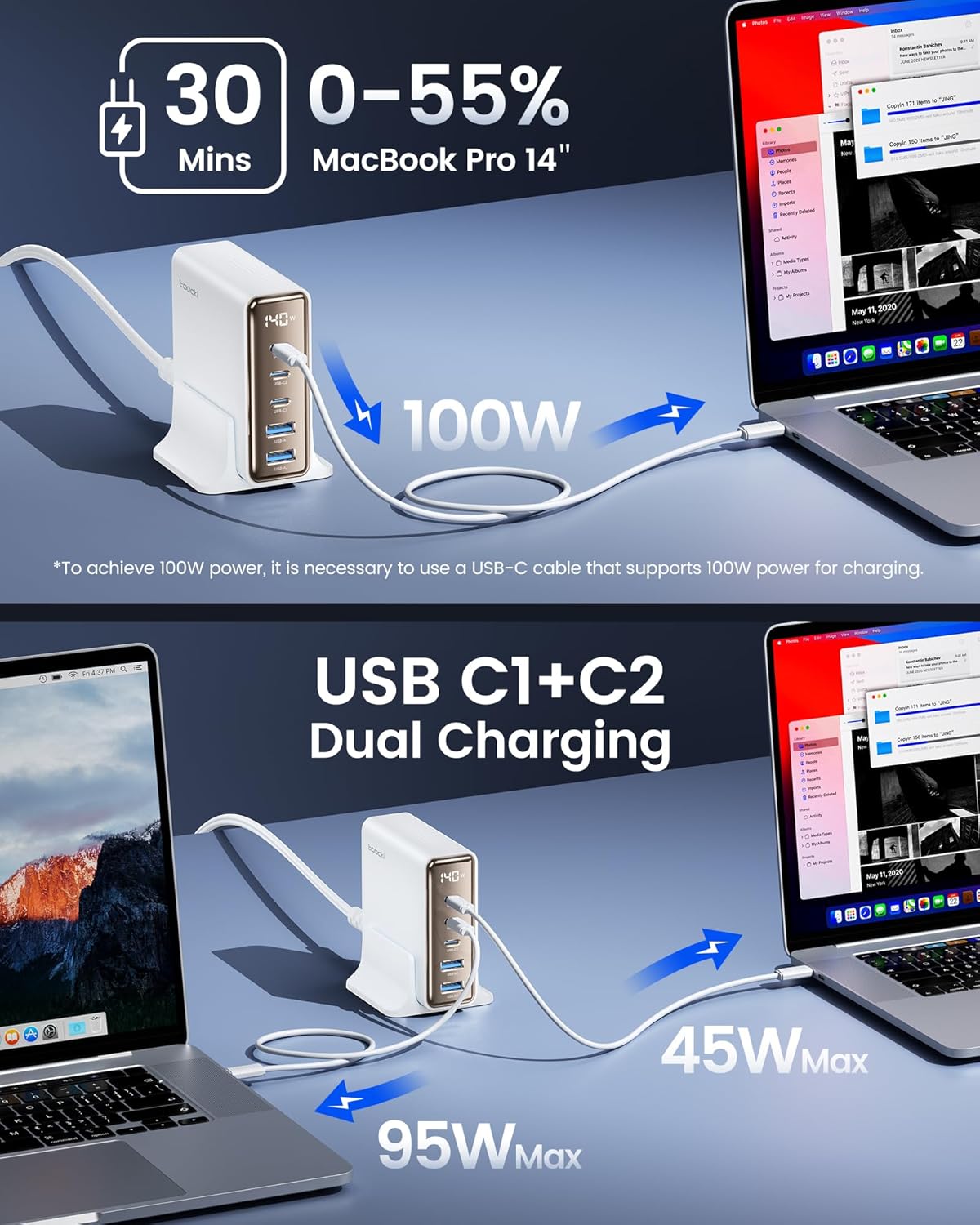 toocki 140W charger charging a MacBook Pro 14 inch