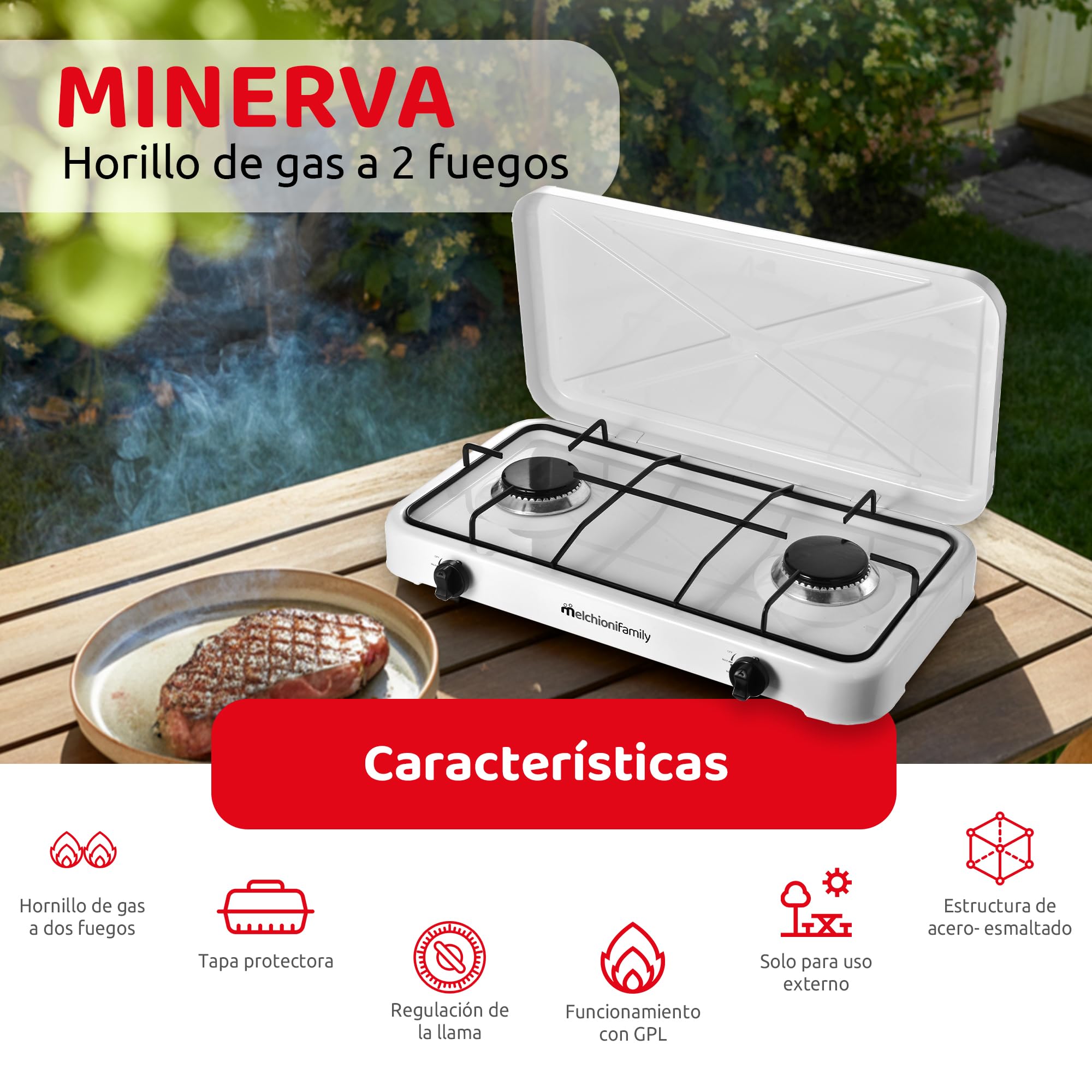 Melchioni Family | Cocina de Gas para Camping MINERVA 2 con 2 Quemadores, Cocina Portátil de GLP con Tapa, Grill y Quemadores Desmontables, Blanca