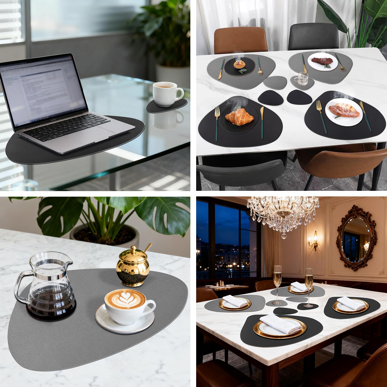 Set de 6 Manteles Individuales Lavables Ovalados & Posavasos, Doble Cara Antideslizante Impermeables para Cocina, Comedor, Oficina (Negro - Gris)