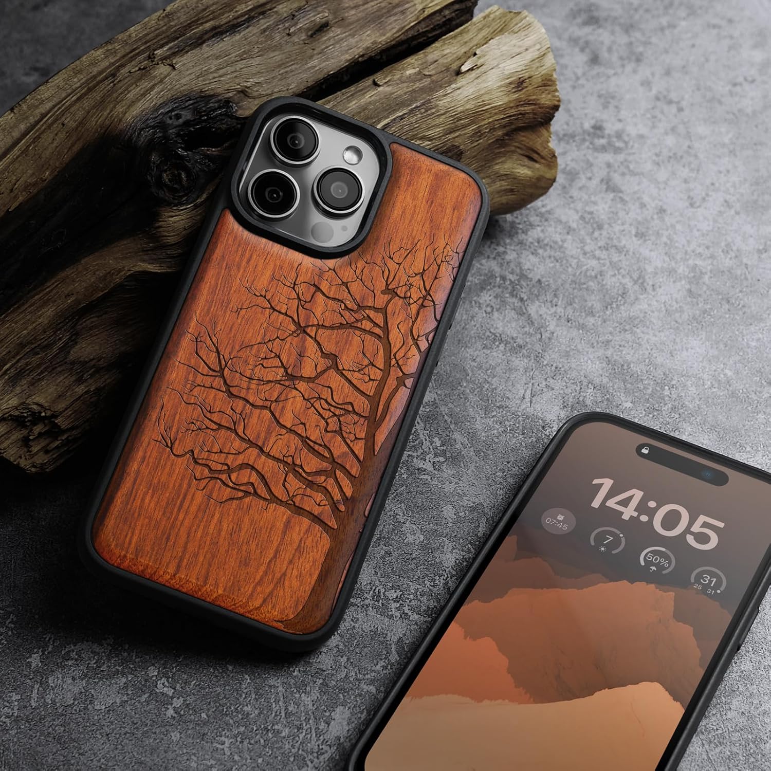Carveit Magnetic Wooden Case for iPhone 16 Pro Max Case, Wood Artisan Engraved & Black Soft TPU Shockproof Cover, Compatible with MagSafe Wireless Chargers (Eternal Tree) Rosy
