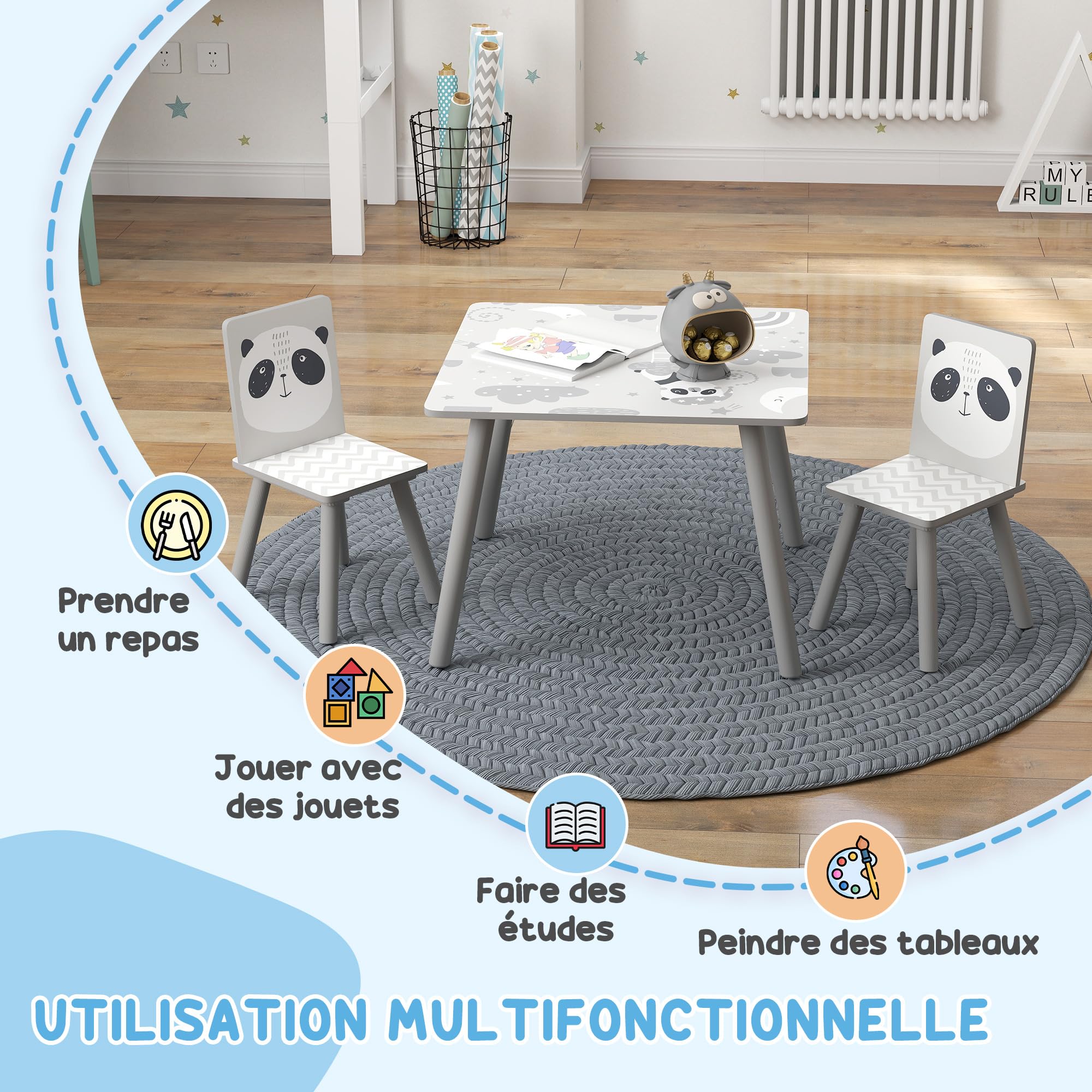 ZONEKIZ Table et 2 chaises pour Enfants 3-8 Ans Ensemble 3 pièces Motif Animaux pour Chambre à Coucher Salle de Jeux Pieds en Bois Massif Gris