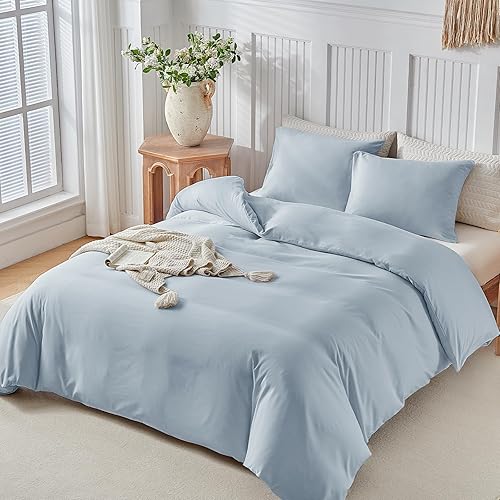 Miniatura 2 de Lekesky Juego de funda de edredón tamaño matrimonial, diseño bohemio copetudo, bordado blanco, Shabby Chic transpirable ultra suave (1 funda de