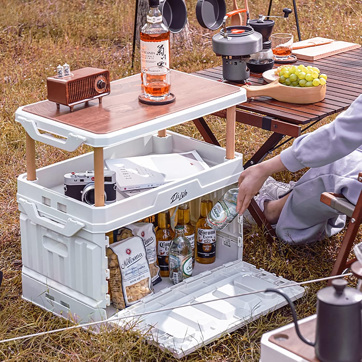 Folding Storage Box, Outdoor Collapsible Foldable Storage Box with Lid, Storage Bins For Picnic Camping Outdoor Activities (White)