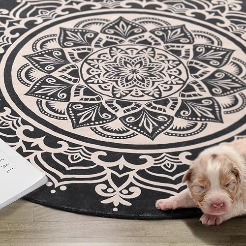 Miniatura 9 de Carvapet Alfombra redonda de 5 pies, elegante, bohemio, con estampado de mandala, antideslizante, lavable a máquina, alfombra suave para entrada,