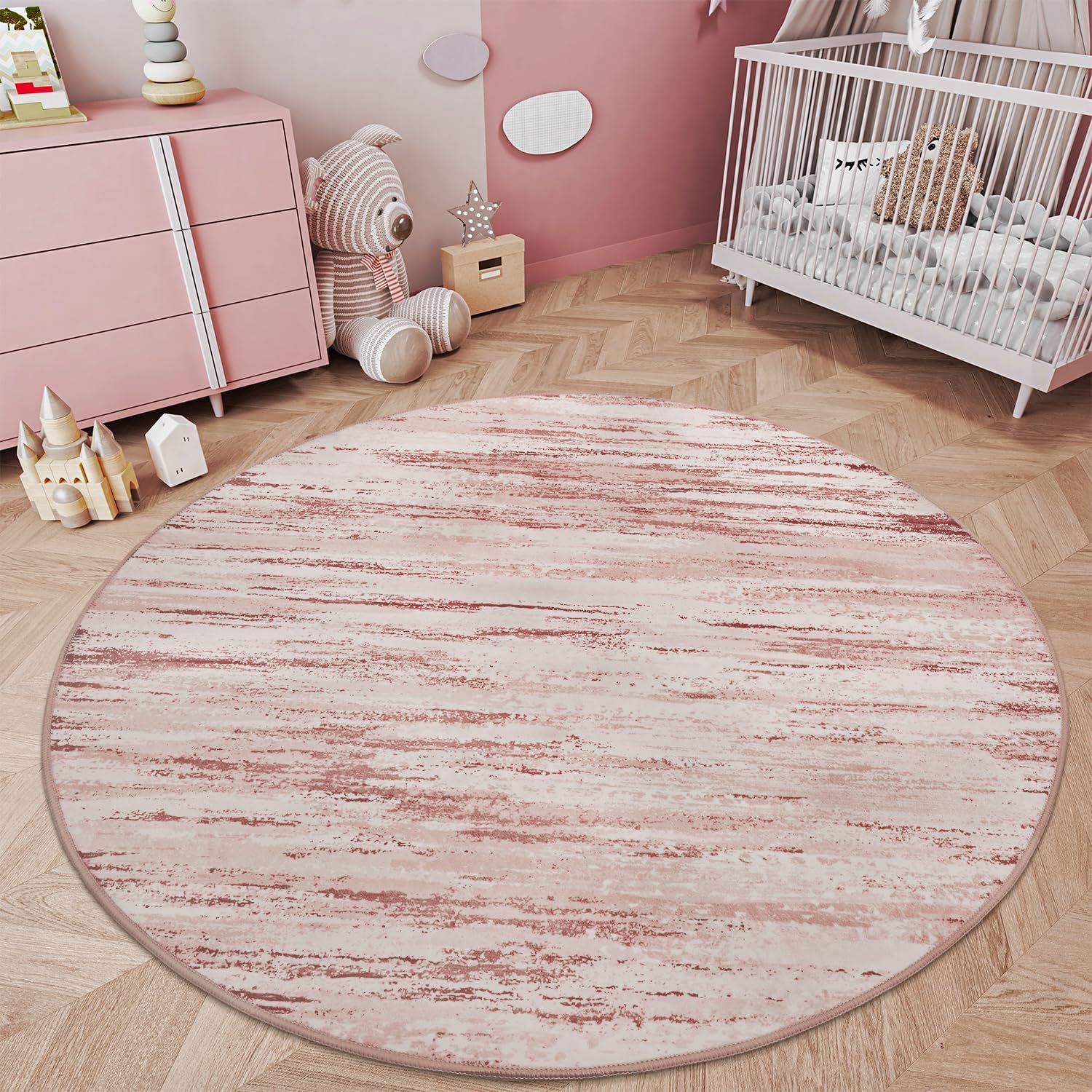 tchdio Round Rug 5FT Pink Modern Abstract Circle Rug for Bedroom Non Slip Soft Circular Rug Carpet Washable Round Area Rug, Pink, 5FT