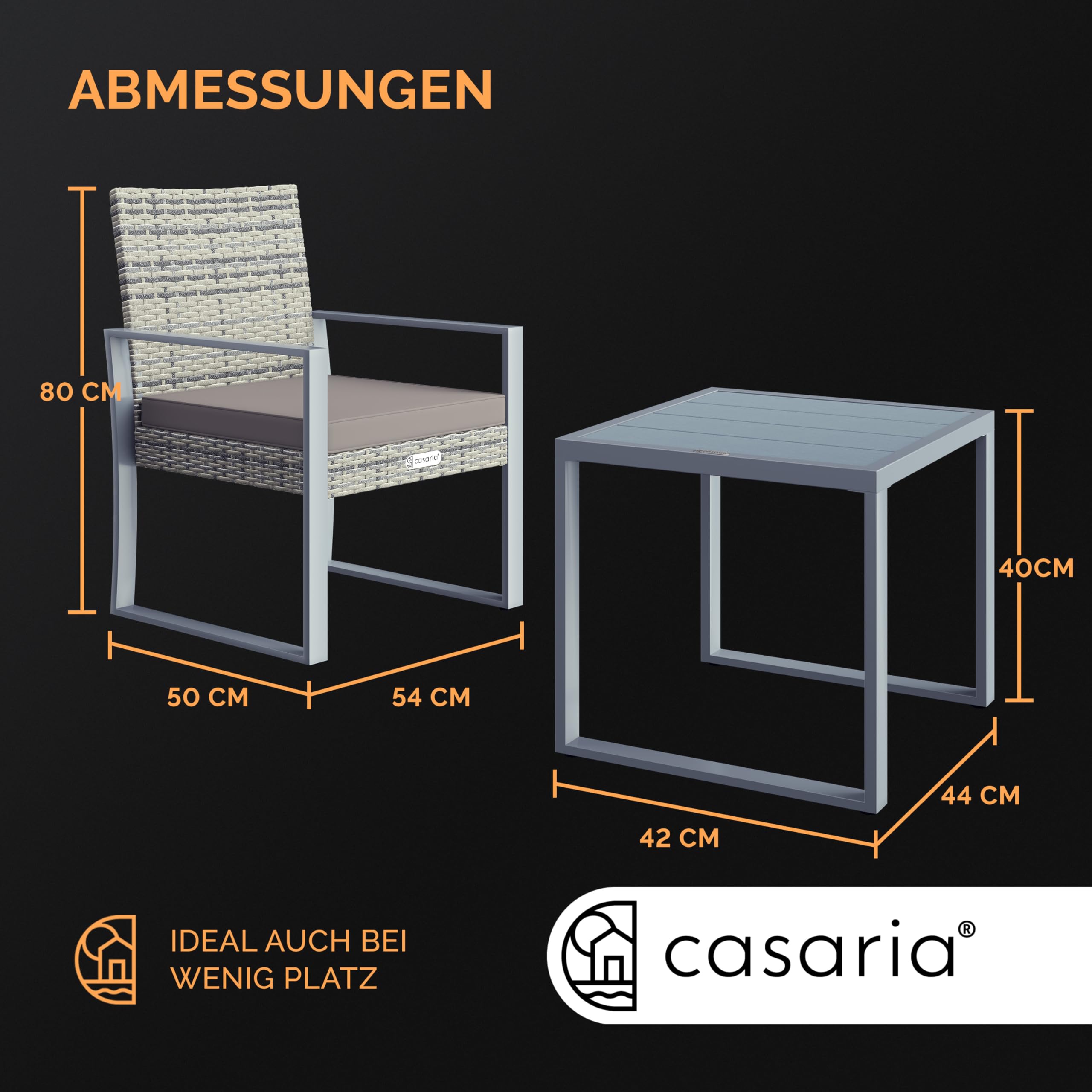 Casaria® Balkonmöbel Set WPC Tisch 160kg Belastbarkeit Polyrattan 2 Stühle Auflagen höhenverstellbare Füße Outdoor Wetterfest Garten Balkon Möbel Lounge Grau