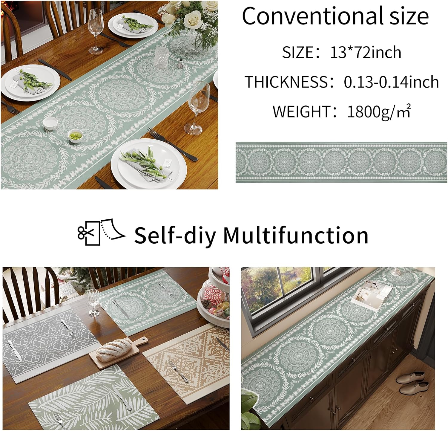 YDKGL Leather Table Runner 72 Inches Long, Bohemia Green Floral Pattern Rustic Farmhouse Winter Table Runners, Water Absorbent Table Cloth Desk for Dining, Living Room Home Decor ( 13x72 Inches)