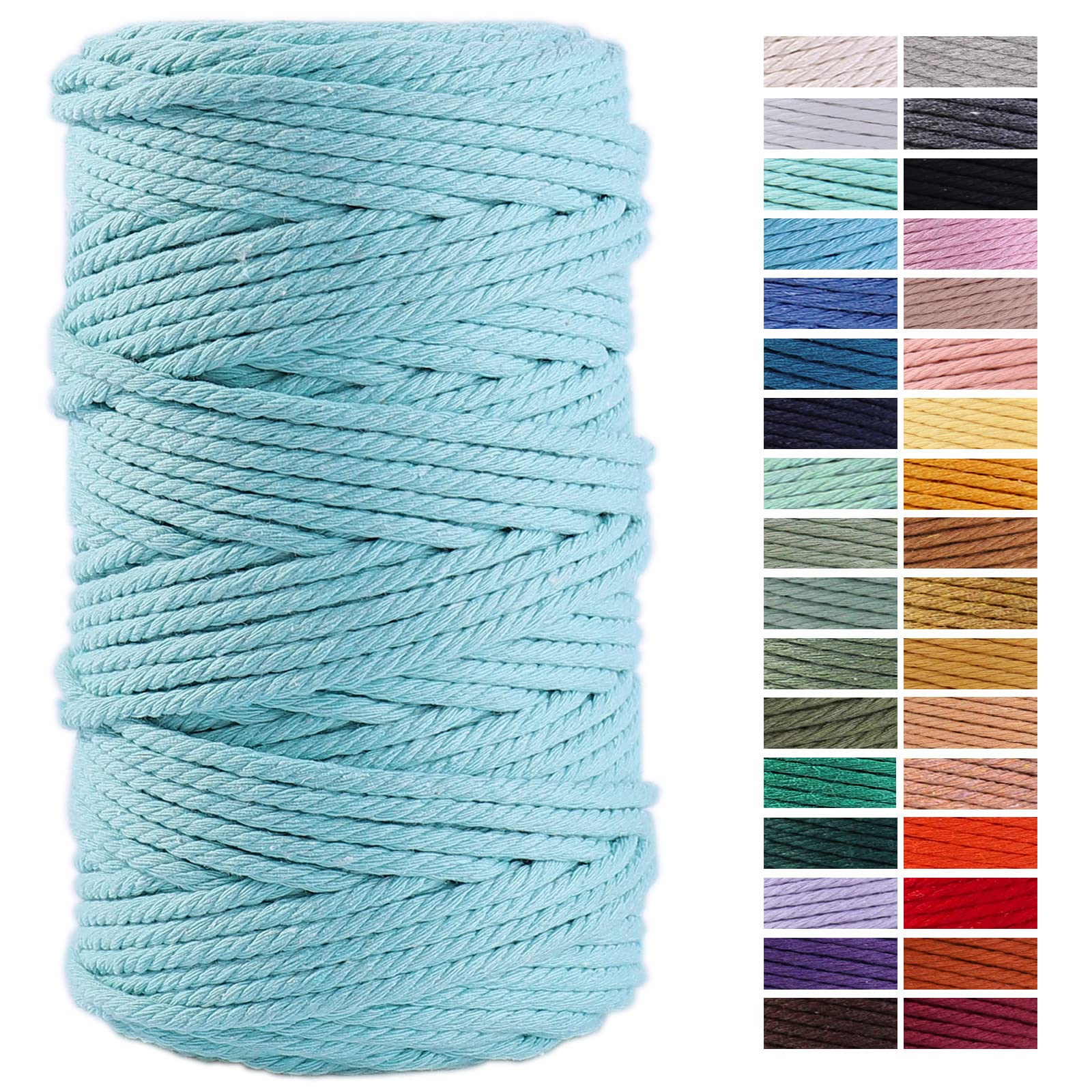 Hellblaue Makramee-Schnur, 4 mm x 90 m, farbiges Baumwollseil, Bastelschnur, Bunte Baumwollschnur zum Aufhängen, Pflanzenaufhänger, Basteln, Stricken, dekorative Projekte