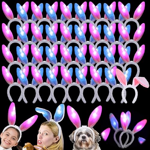 Hanaive 36 piezas de diadema de orejas de conejo con luz LED de felpa LED de orejas de conejo a granel para niña, accesorios de disfraz de fiesta de