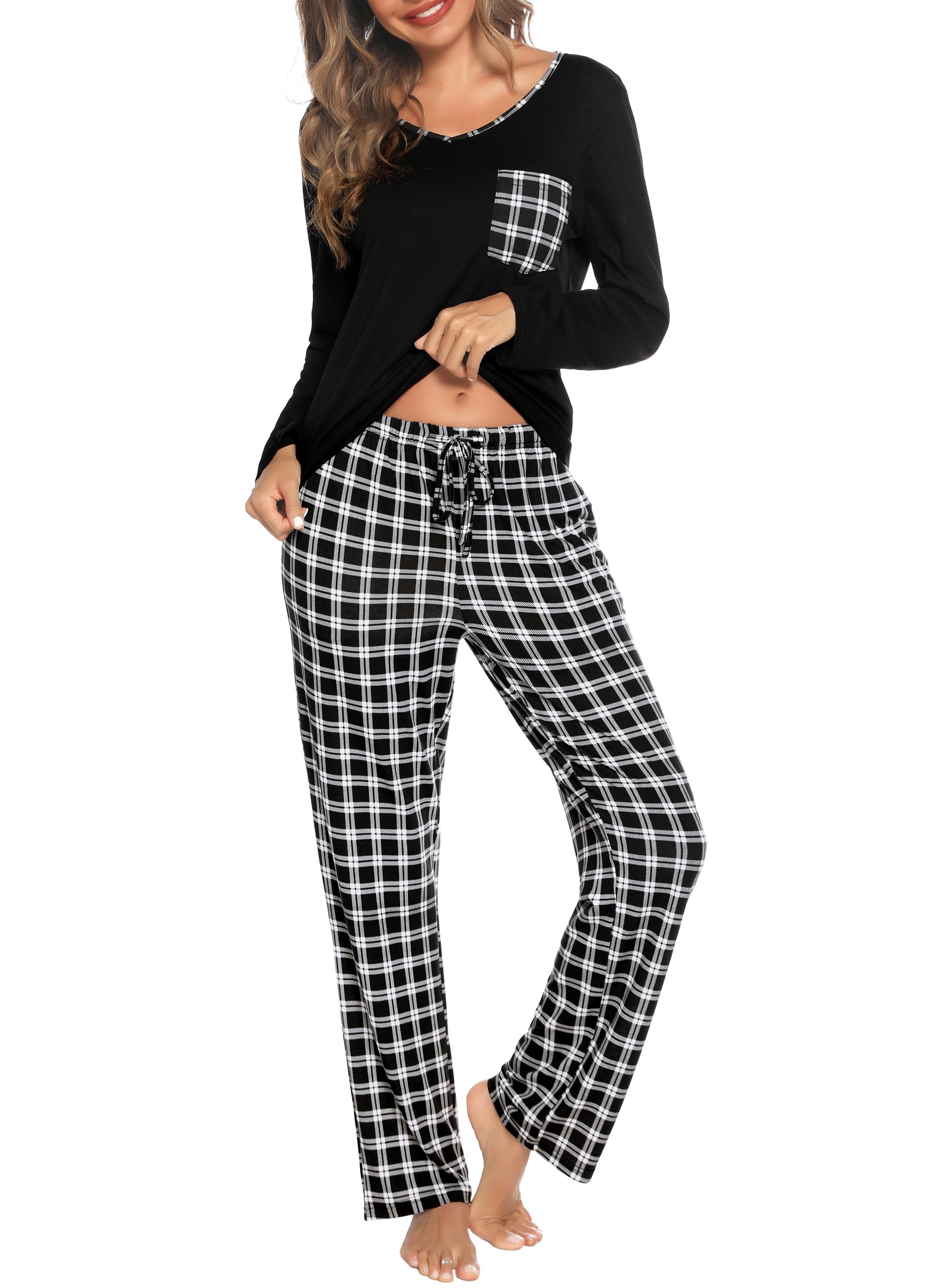 Lovasy Damen Schlafanzug Lang Winter Karierte Pyjama Set mit Taschen Zweiteiliger Damenschlafanzug Langarm V-Ausschnitt Schlafanzüge für Damen