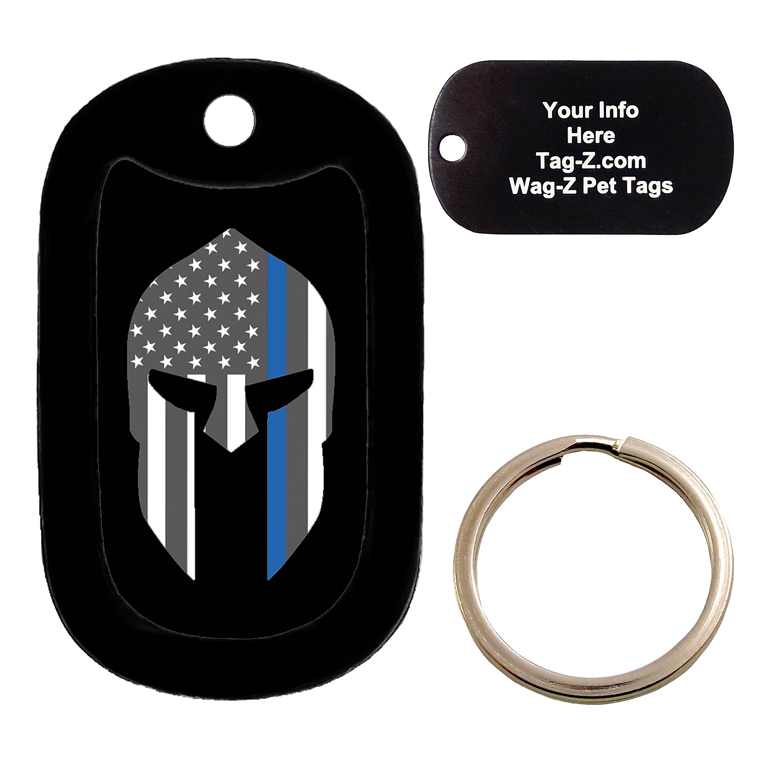Custom Engraved Pet Tag - SPARTAN HELMET BLUE LINE FLAG - Dog Tag - Tag-Z Wag-Z