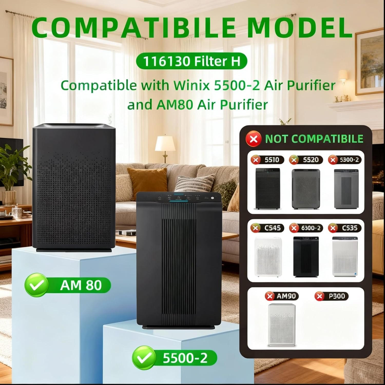 116130 Replacement Filter H Compatible with Winix AM80 Plasmawave Air Purifier 5500-2 5500 5300 6300 6300-2 9000 5000 5000B C909 Air Purifier, 16.25"L x 12.5"W x 1.5"Th, White