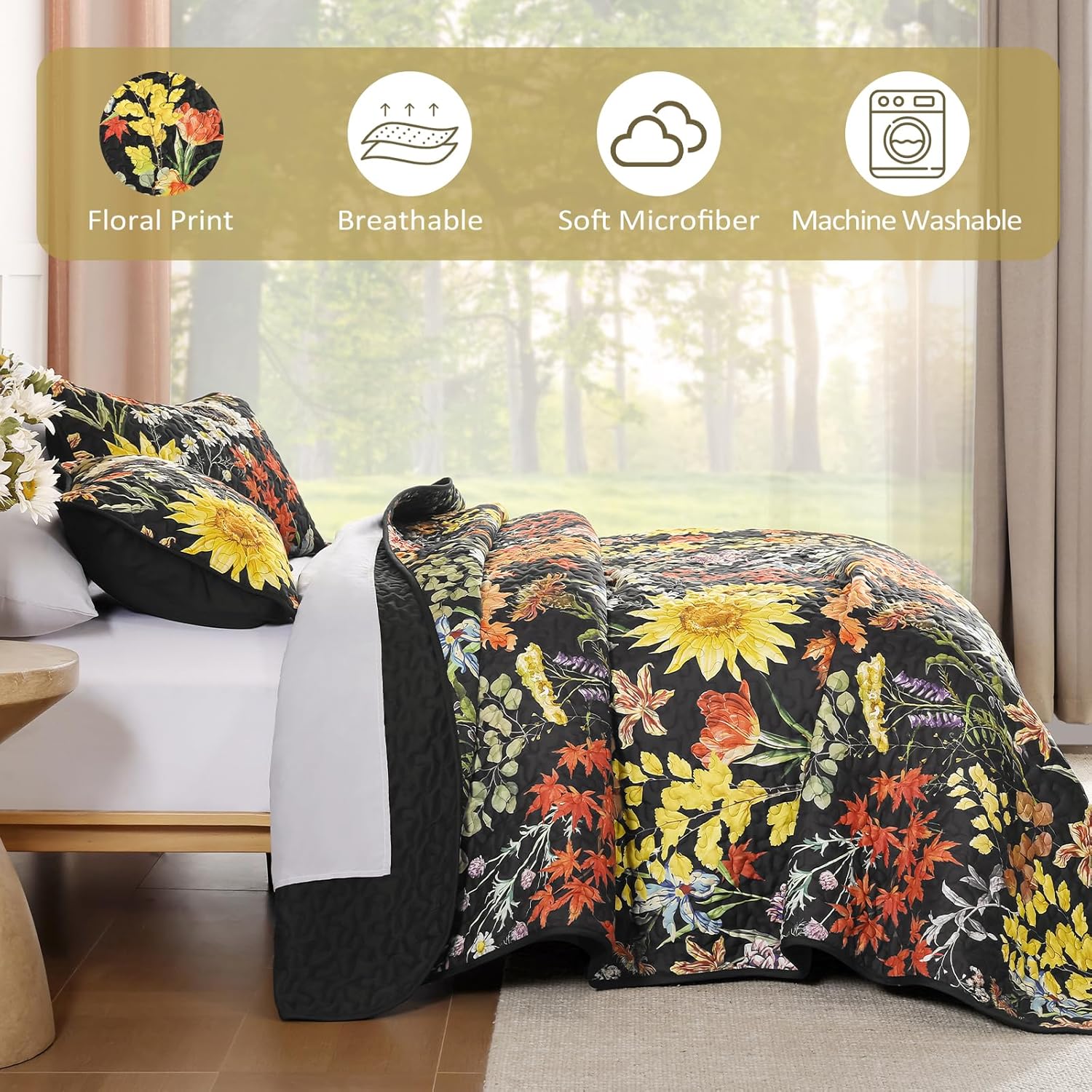 Yiran Floral Quilts Queen Size, Black Yellow Sunflower Botanical Fall Bedspread Bedding Set, 3 Pieces Colorful Soft Lightweight Microfiber Coverlet with 2 Pillow Shams for All Season 96x90 Inch - Image 6