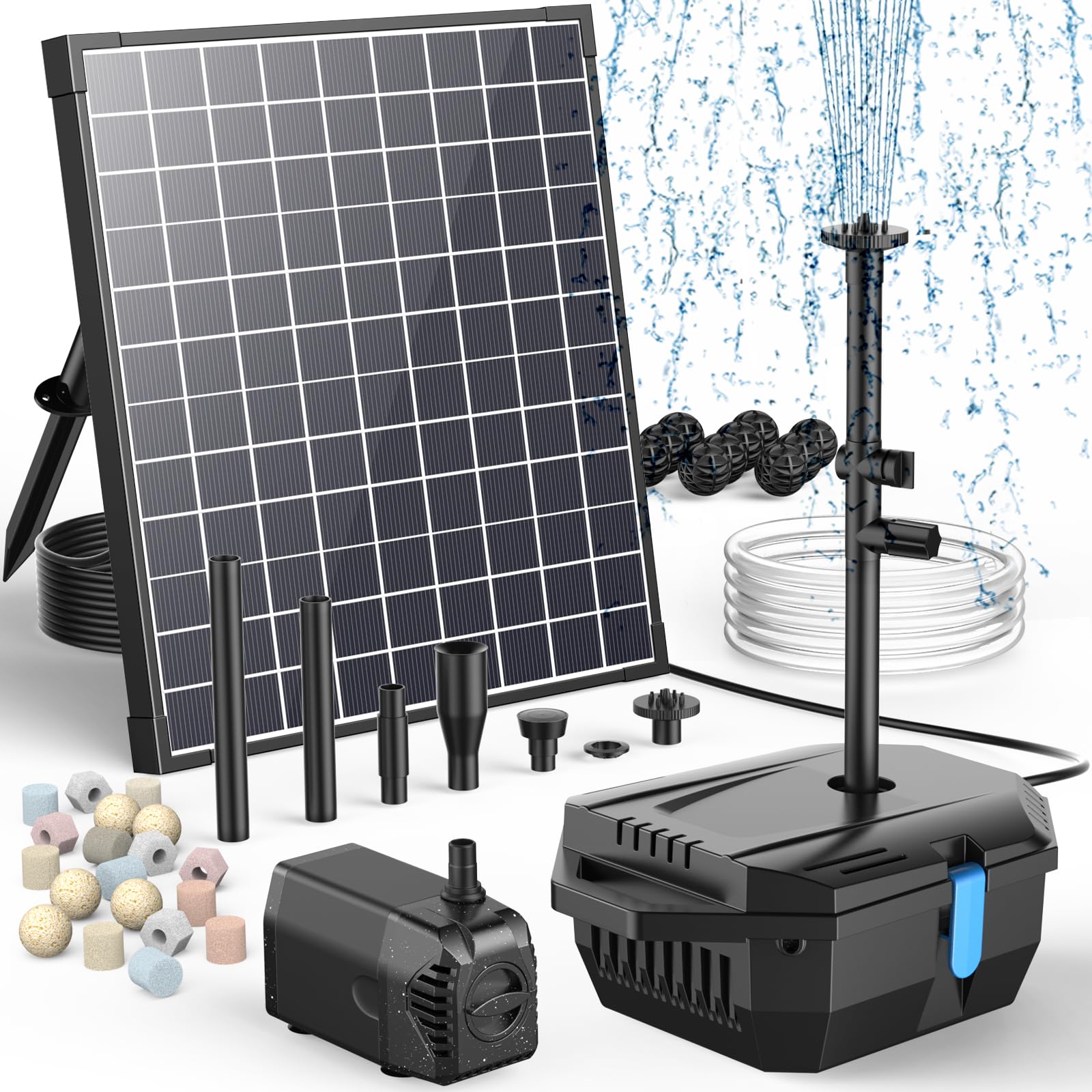 Photo 1 of Antfraer 25W Solar Pond Pump with Filter Box, Outdoor Solar Pond Filter Fountain Kit for Garden Pond Waterfall, Includes Adjustable Nozzles, Tubing & Filtration Media