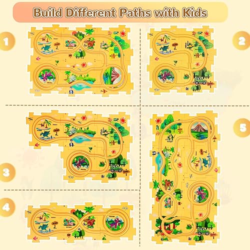 Miniatura 4 de Juego de rompecabezas de dinosaurio para niños, rompecabezas de plástico para niños de 3 a 5 años con vehículos, rompecabezas de carril, pistas de