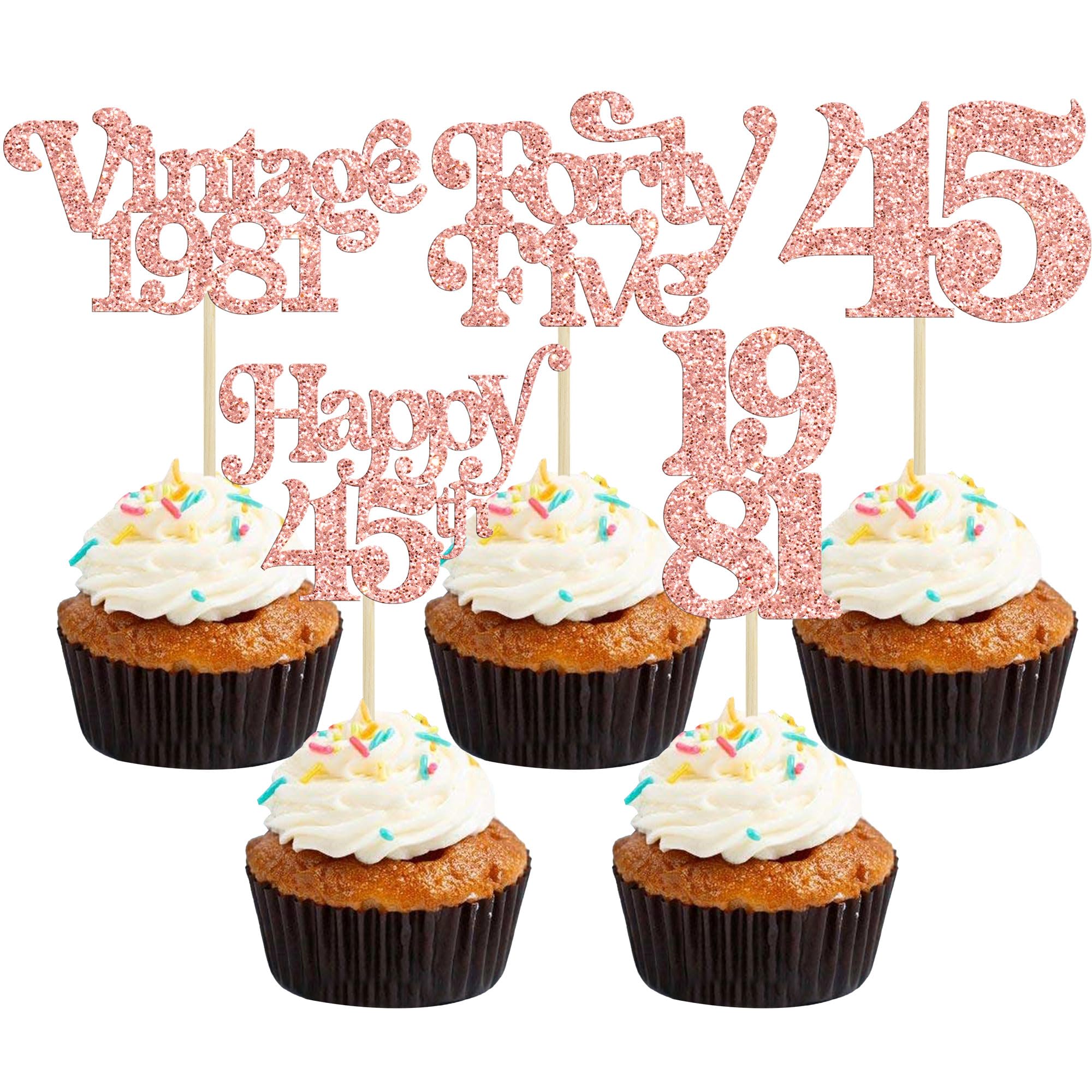 Gyufise 30Pcs Happy 45th Birthday Cupcake Toppers Glitter Vintage 1981 Cheers to 45 Fabulous Forty Five Cupcake Picks 45th Birthday Wedding Anniversary Party Decorations Supplies Rose Gold