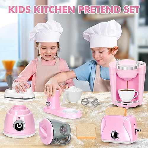 Miniatura 6 de Pink Play - Juego de electrodomésticos de cocina con cafetera, mezclador, tostadora, licuadora, juego de cocina para niños, accesorios de cocina con
