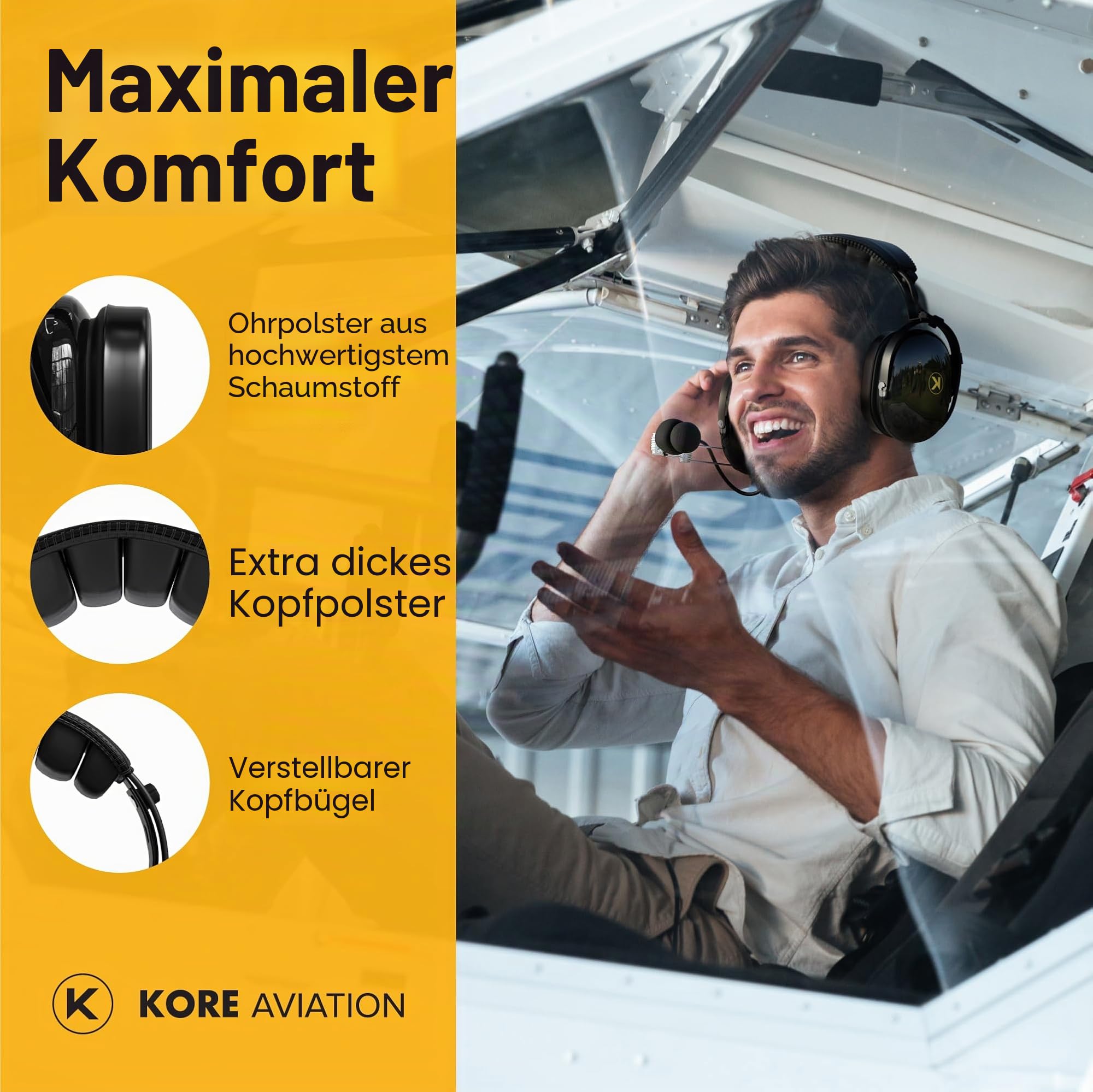 KORE AVIATION P1 Series PNR Pilot Aviation Headset, Schwarz