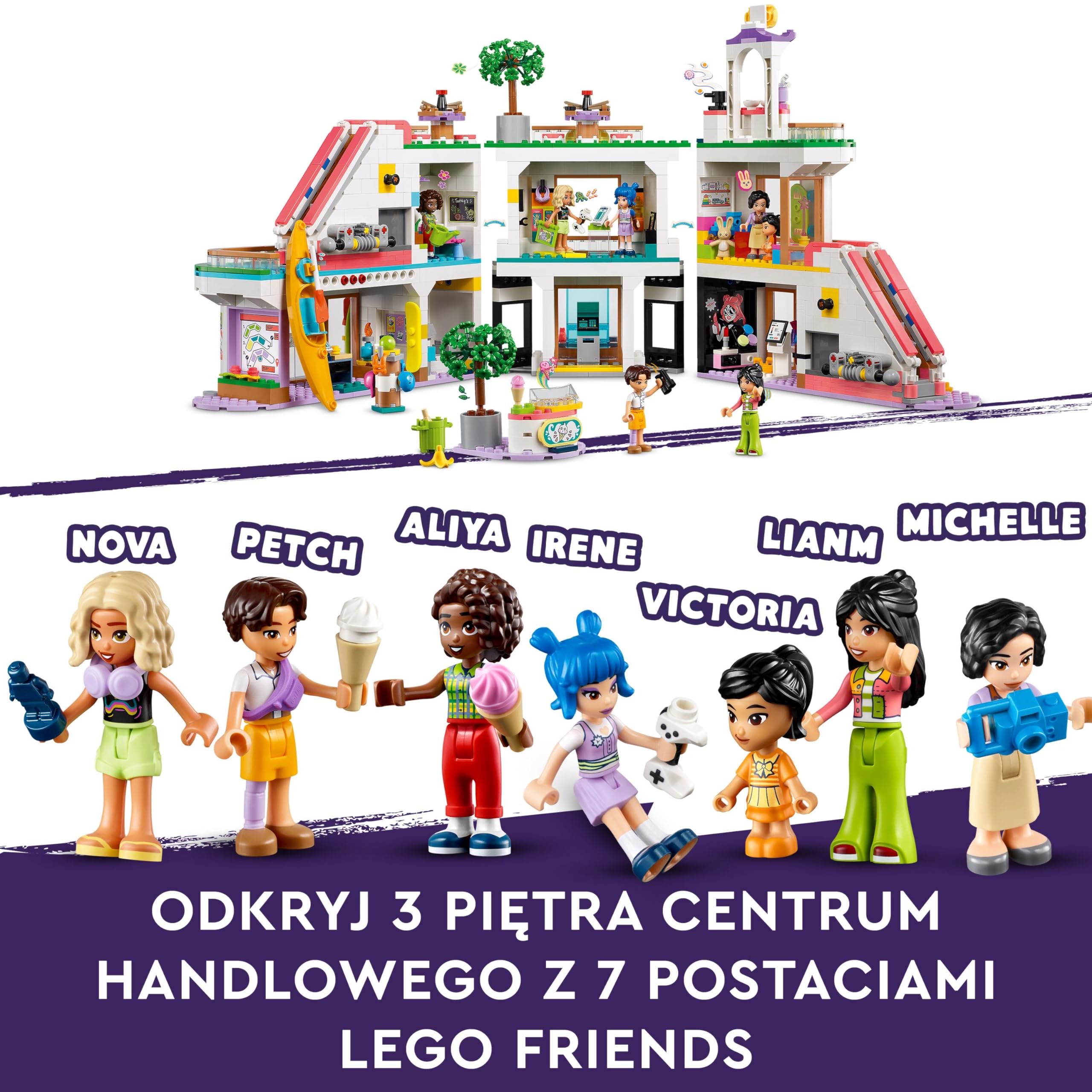 LEGO Friends Centrum handlowe w Heartlake City z 5 sklepami dla dziewczynek i chłopców, dzieci w wieku od 8 lat, zabawki do budowania i odgrywania ról, 7 minilaleczek, prezent urodzinowy, 42604