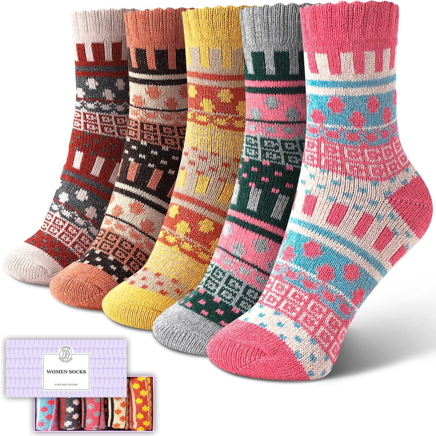 ICEIVY Womens Socks 5 Pairs Wool Warm Cotton Thick Vintage Casual Winter Cabin Crew Fuzzy Socks Gifts For Women