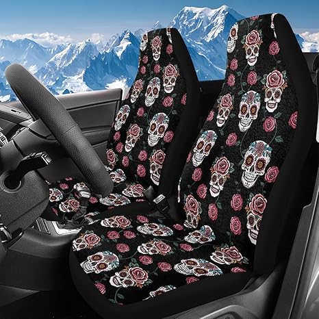 Bulopur Fuzzy Auto Seat Covers Set Thick Cold Weather Sugar Skull Print Car Bucket Cushion Soft Plush Car Front Seat Covers for Sedans Truck SUV
