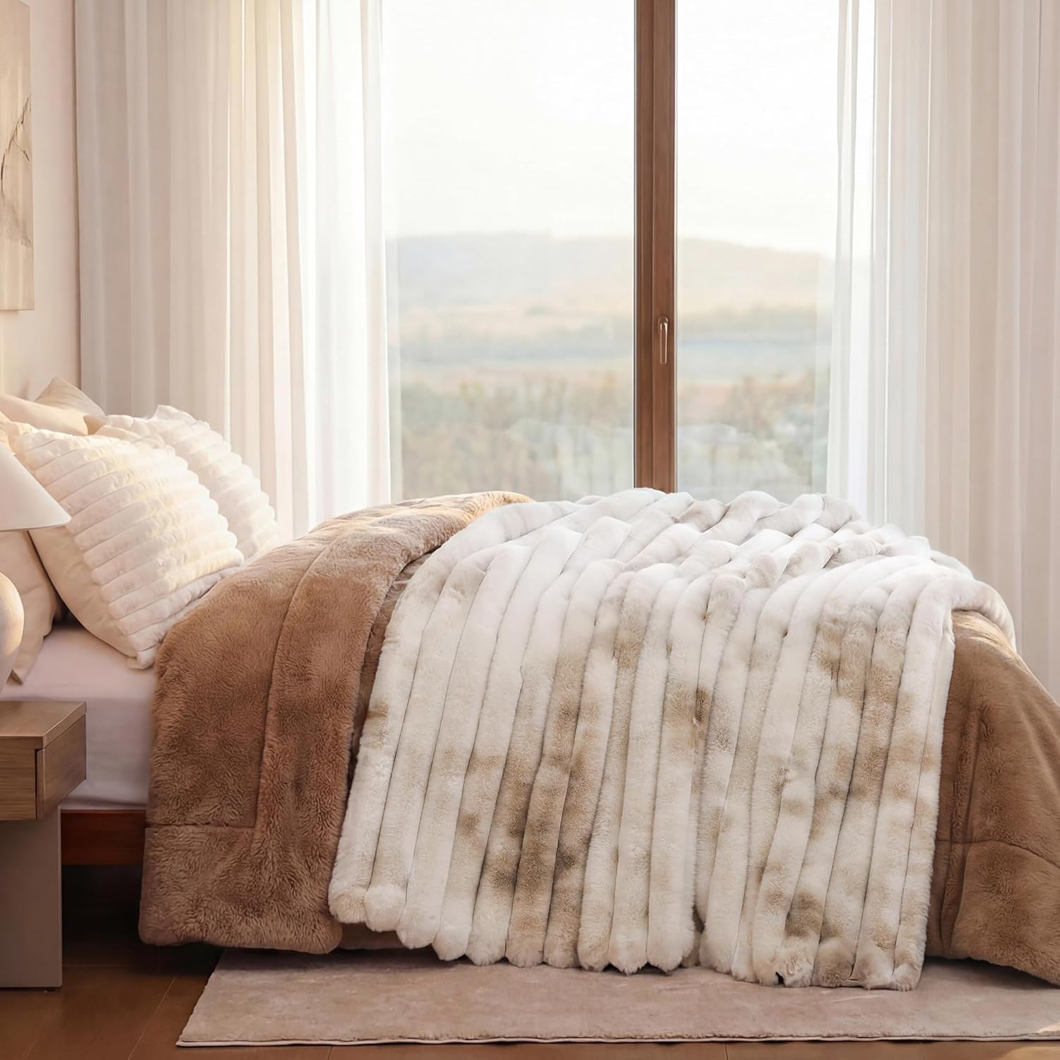 Smoofy Fluffy Faux Fur Throw Blanket - Super Soft Thick Plush Cozy Fuzzy Rabbit Fur, Luxury Warm Fleece Minky Stripe Blanket for Couch, Sofa, Room Decor Gift for Women, Tie Dye Brown Throw, 50x60