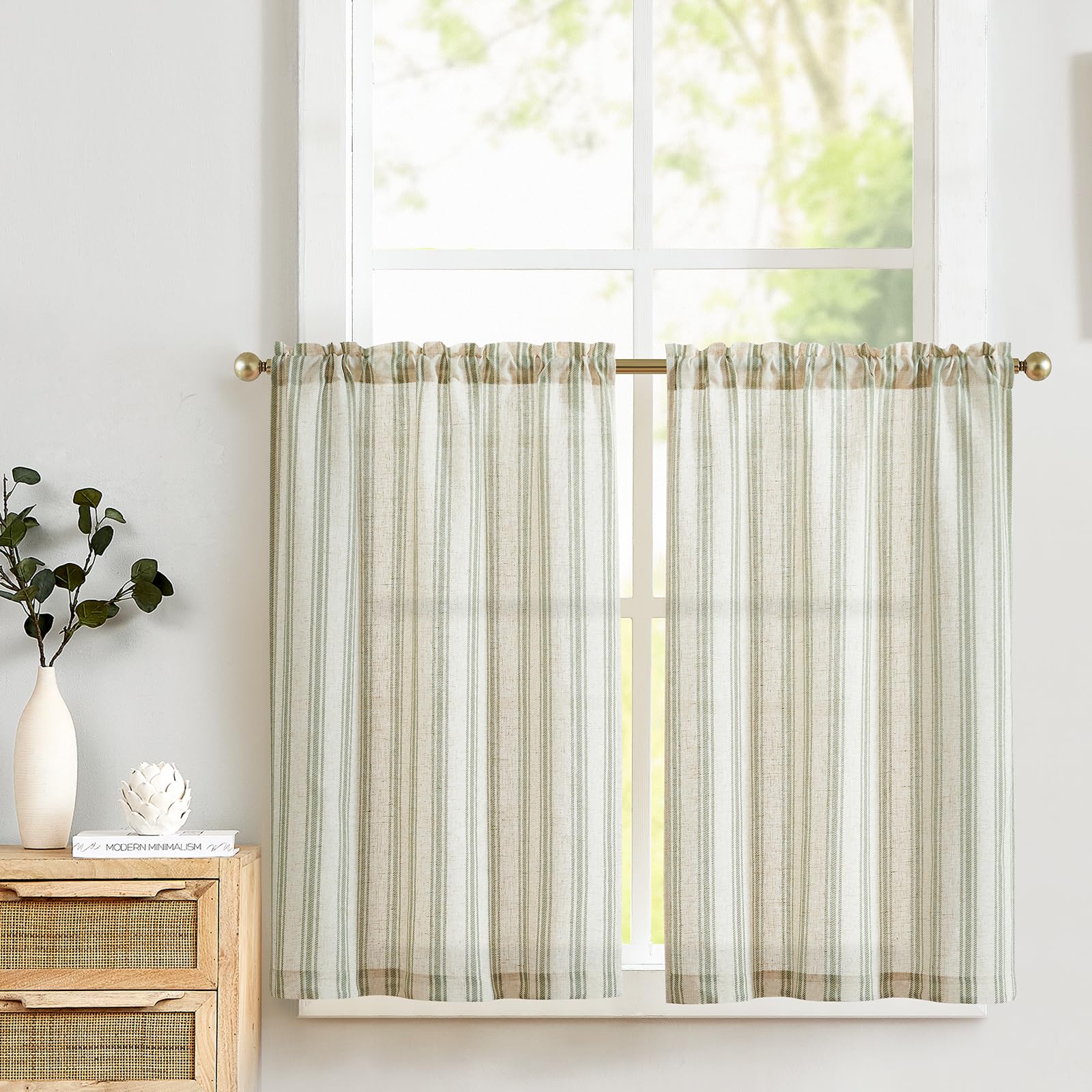 Tende A Strisce Costiere TOPICK, Set Da 2 Pannelli In Lino Semitrasparente, Con Passanti E Taschino, Per Soggiorno E Camera Da Letto, Stile Country Francese E Shabby Chic, Verde, 140x225 Cm