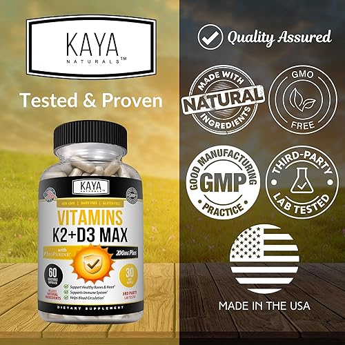 Miniatura 6 de Kaya Naturals Vitaminas K2 con D3 5000IU Suplemento - Suplemento de salud ósea y cardíaca - Suplemento de vitamina K2 MK-7 fácil de tragar -