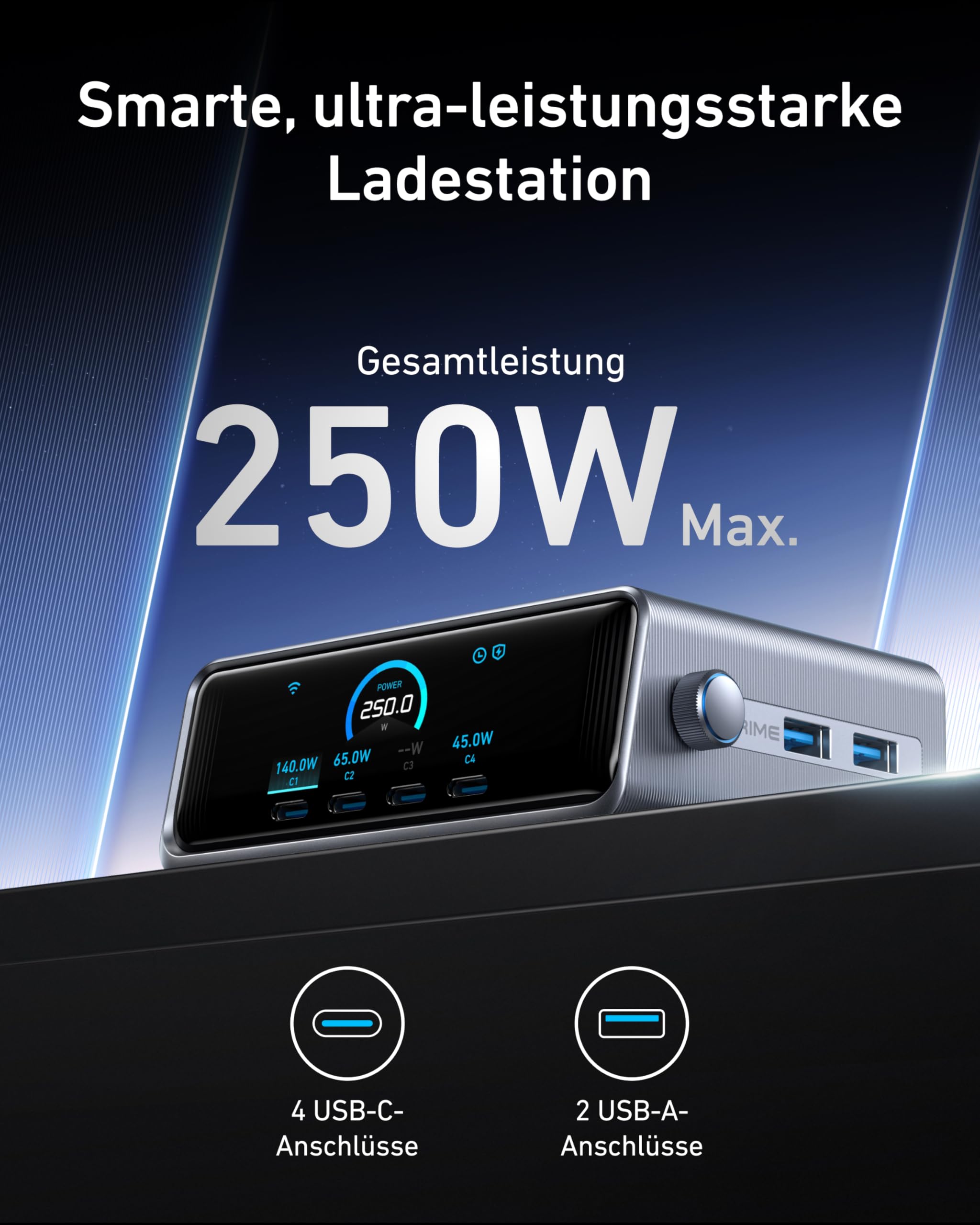 Anker Prime 250W USB C Ladegerät, Ultra-schnelle 6-Port GaN Ladestation, 2,26" LCD-Display und Smart Control Regler, kompatibel mit MacBook Pro/Air, iPhone 17/16/15, Pixel, Galaxy, Apple Watch & mehr